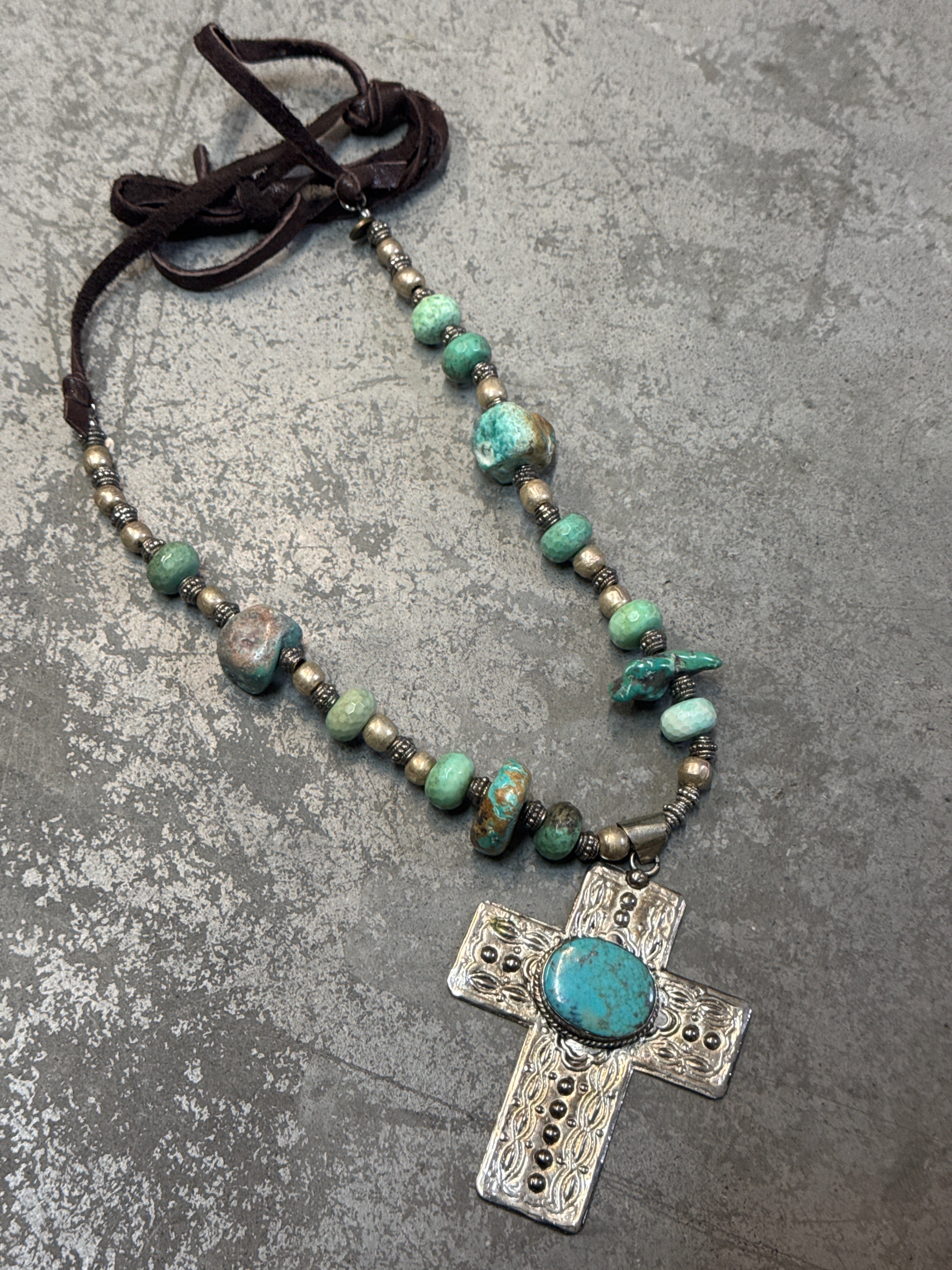 Silver Cross with Turquoise on Leather Necklace