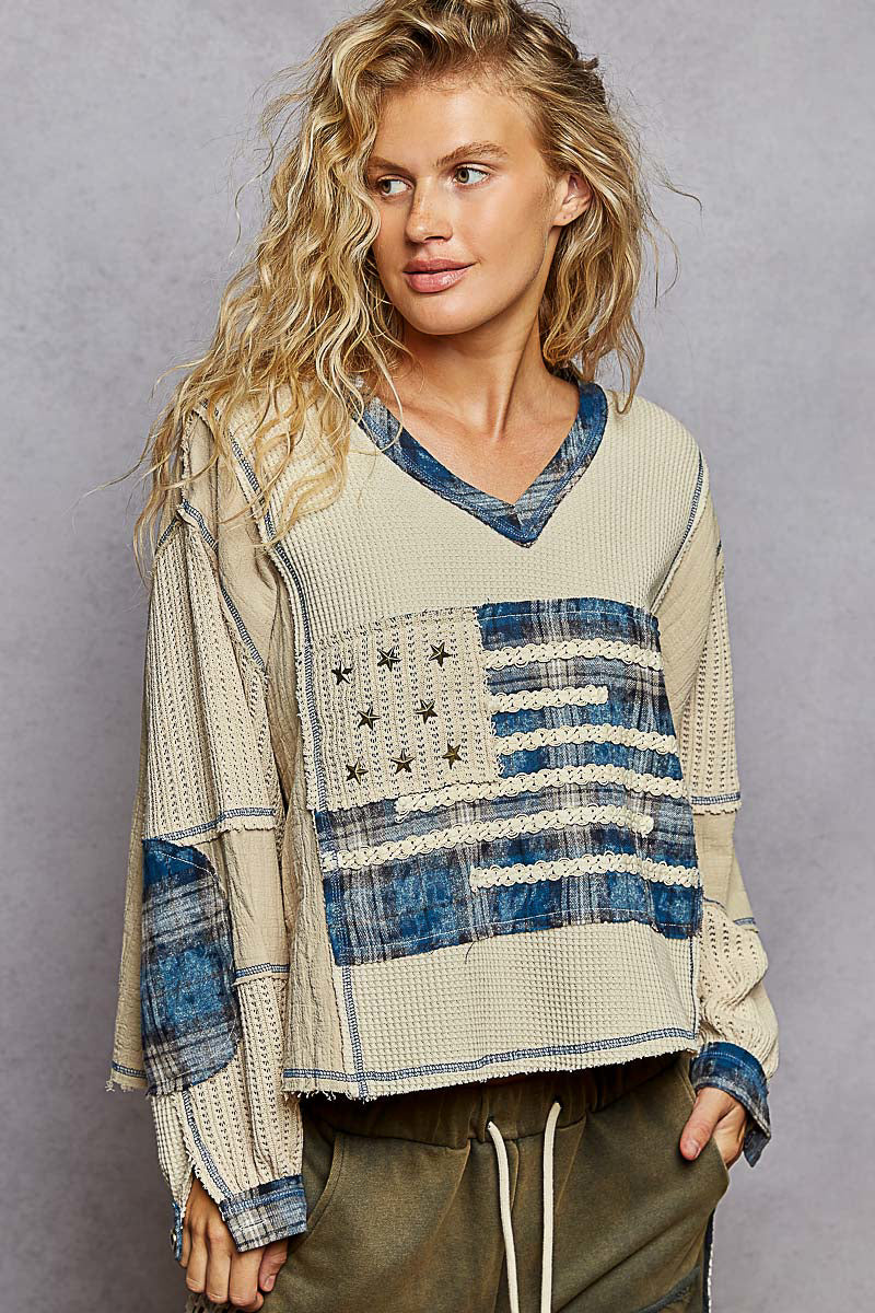 Oatmeal and Denim Flag Top
