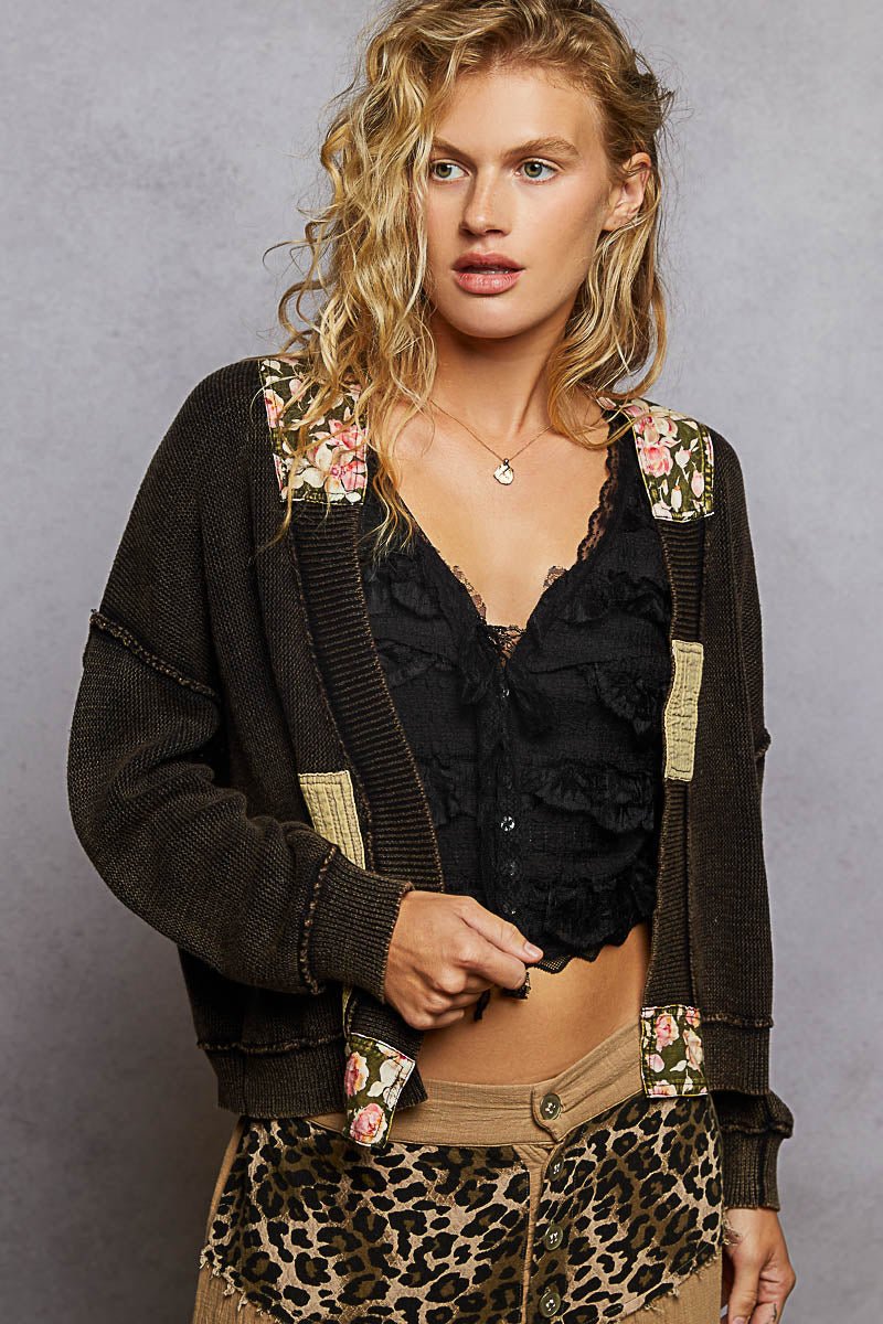 Black Patched Long Sleeve Cardigan - Vintage Vault Boutique