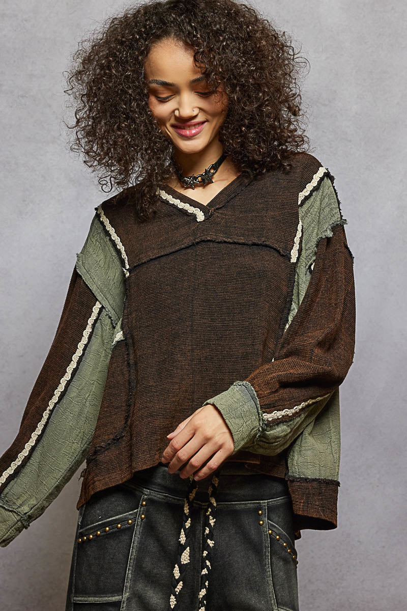 Charcoal and Green V-Neck with Lace Trim Top