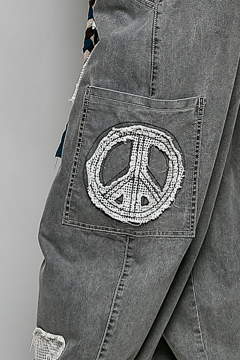 Charcoal Peace Applique Pant - Vintage Vault Boutique