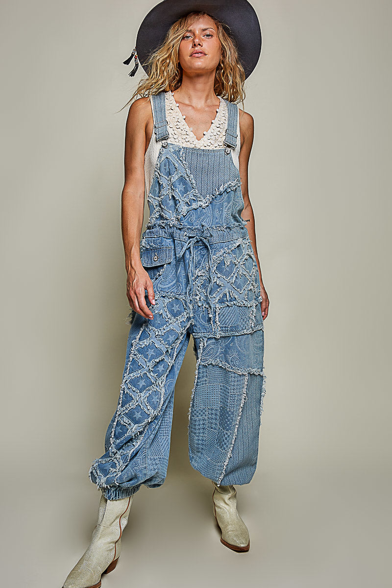 Denim Texture Drawstring Overalls