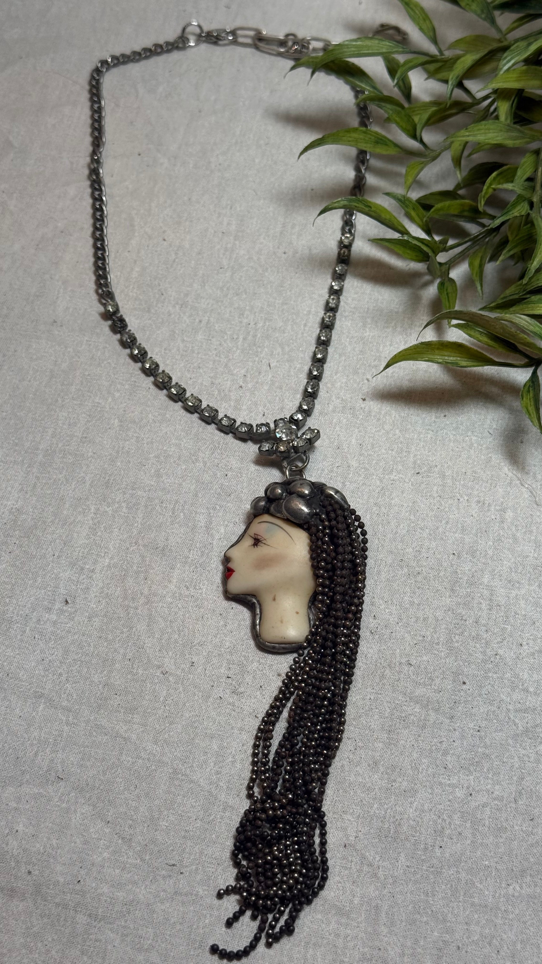 Vintage Face on Crystal Necklace