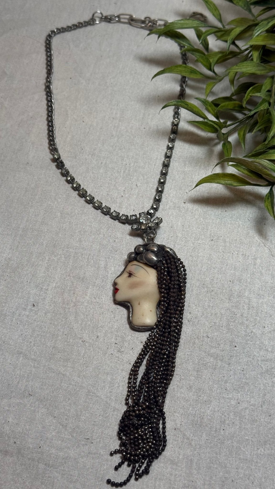 Vintage Face on Crystal Necklace - Vintage Vault Boutique