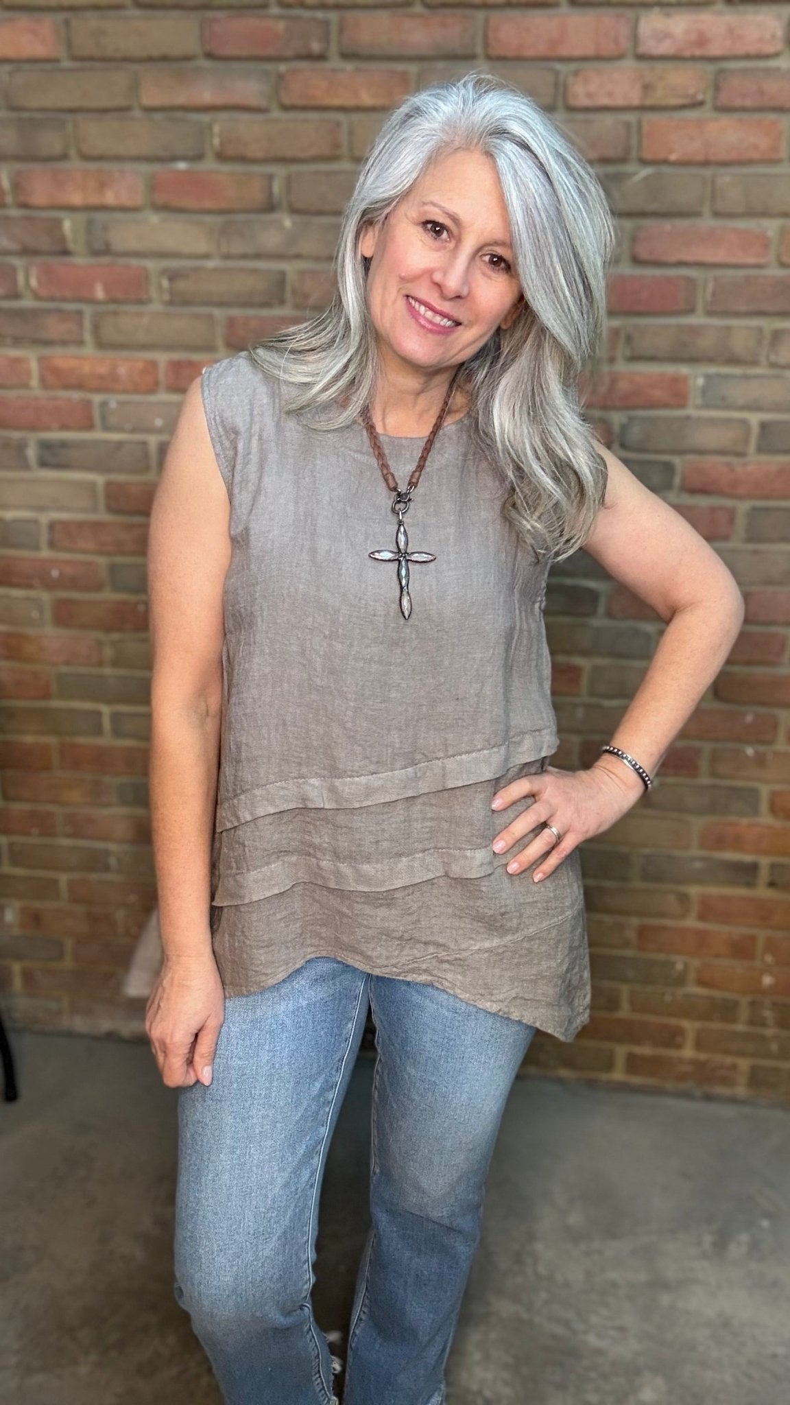 Taupe Linen Tank with Tucks - Vintage Vault Boutique