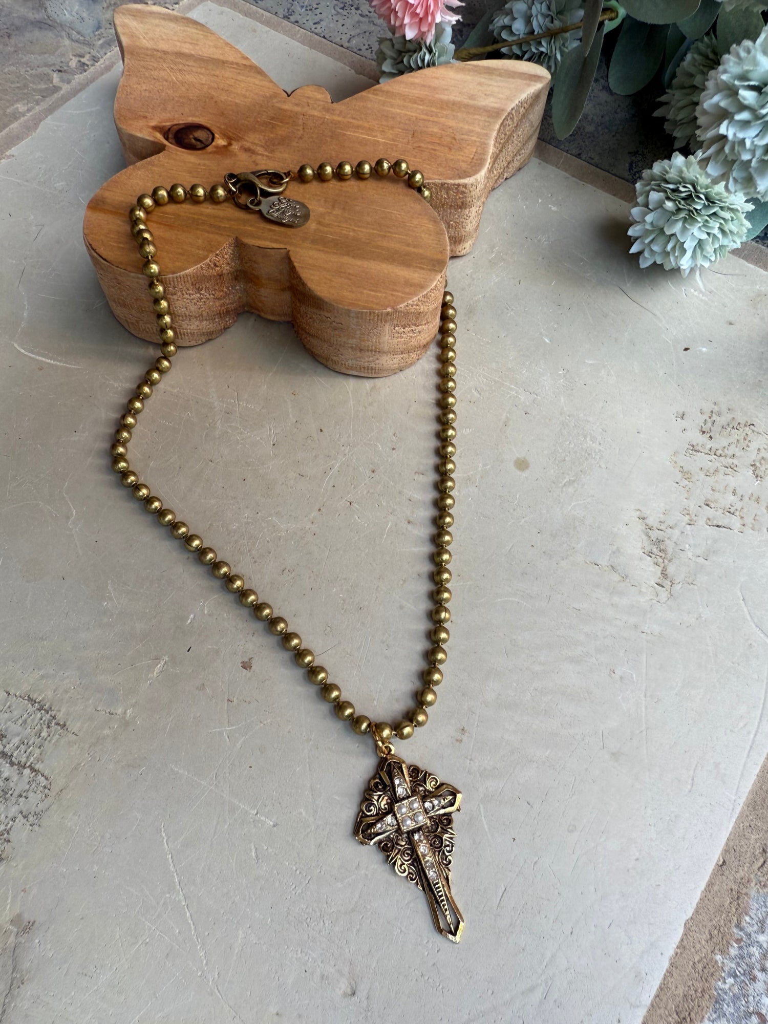 EKD Gold Pearl & Crystal Cross Necklace