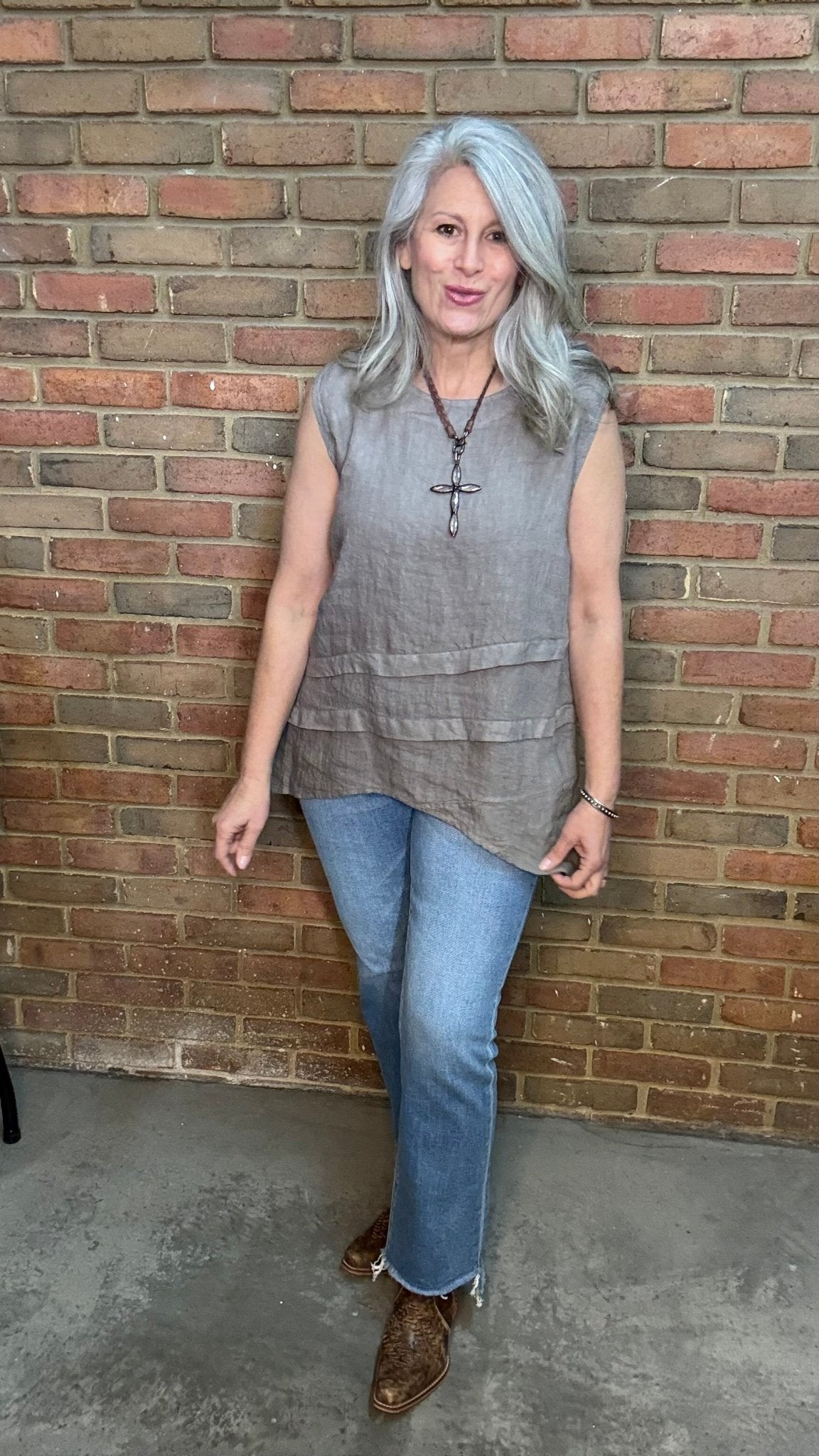 Taupe Linen Tank with Tucks - Vintage Vault Boutique