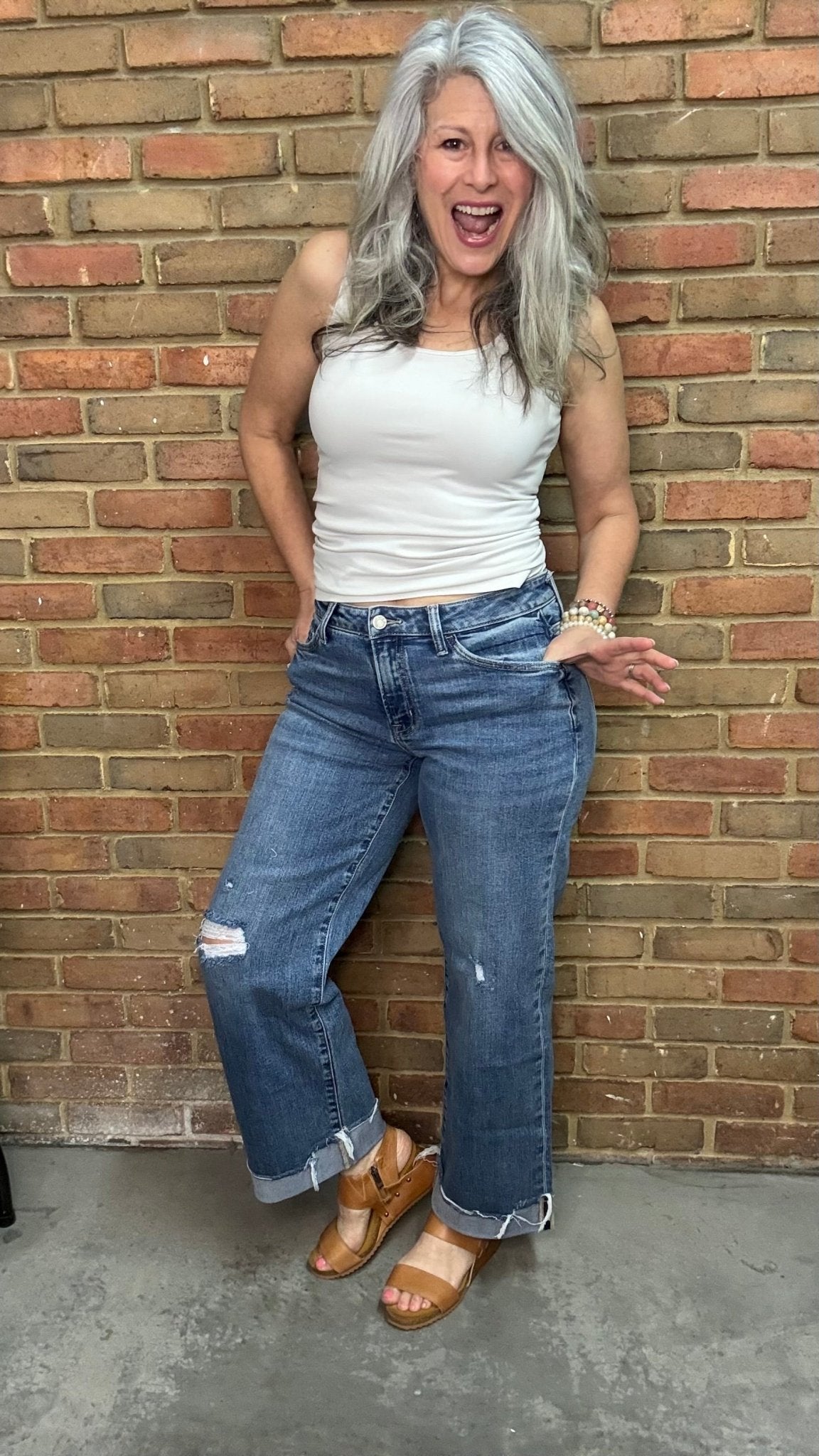 Mid Rise Cuffed Baggy Slim Wide Jean - Vintage Vault Boutique