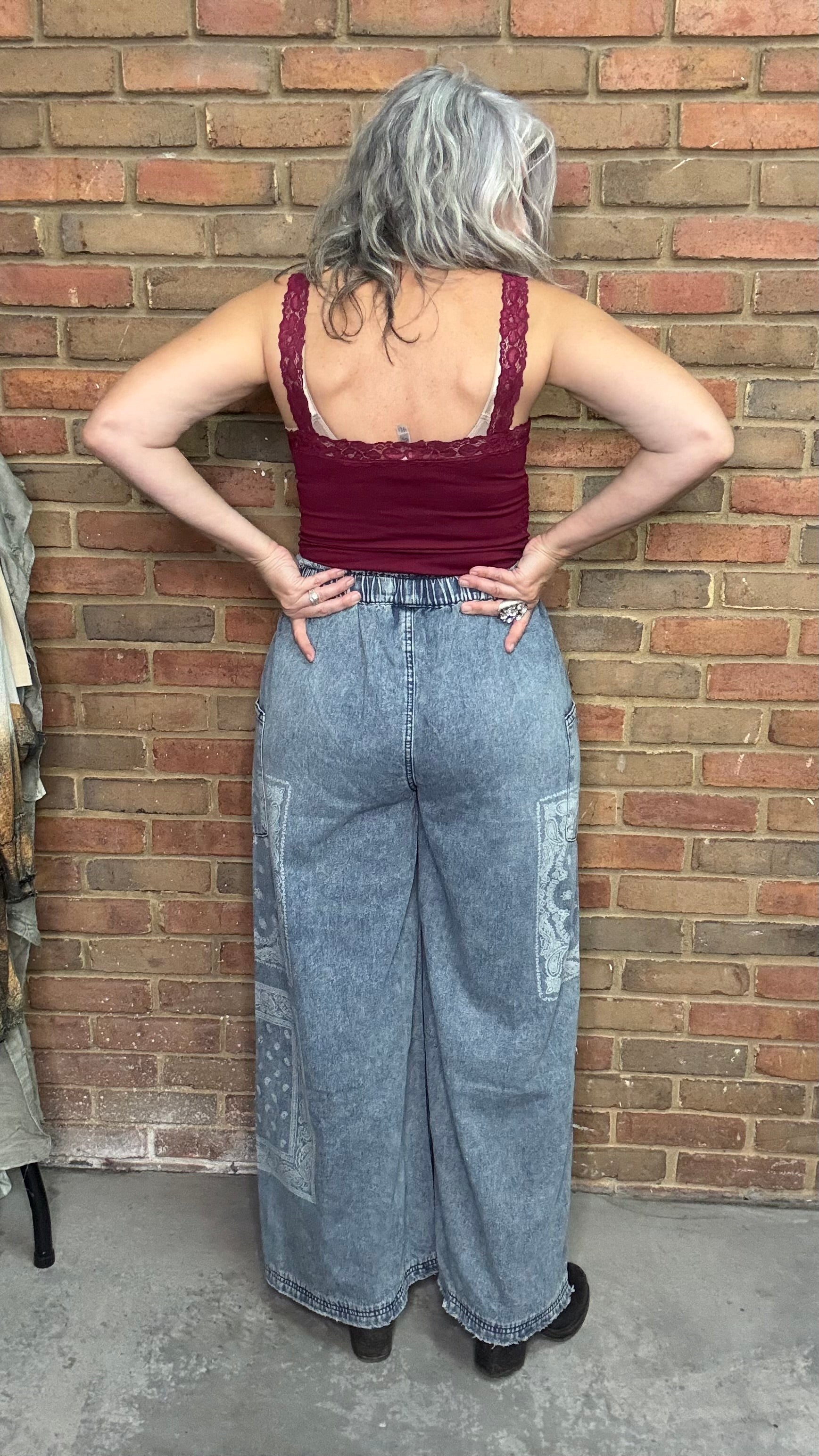 Washed Denim Wide Leg with Bandana Print Pant
