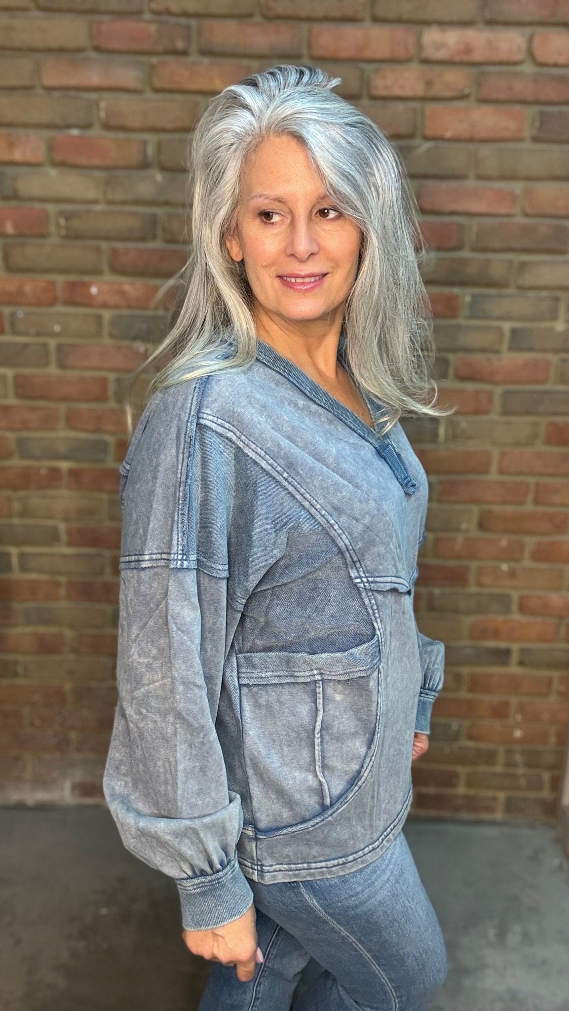 Navy V-Neck Terry Pullover - Vintage Vault Boutique