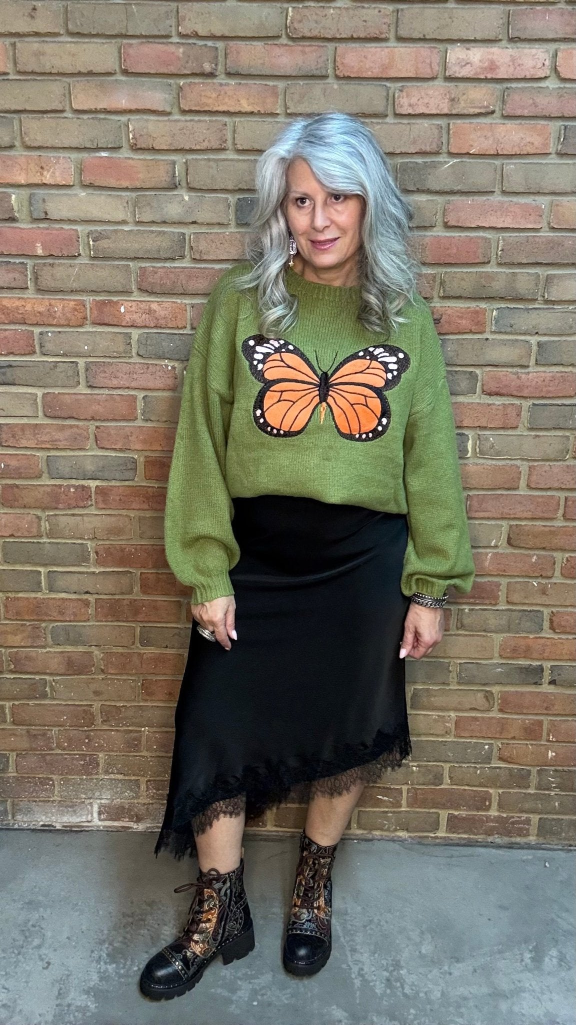 Monarch Butterfly on Green Sweater - Vintage Vault Boutique