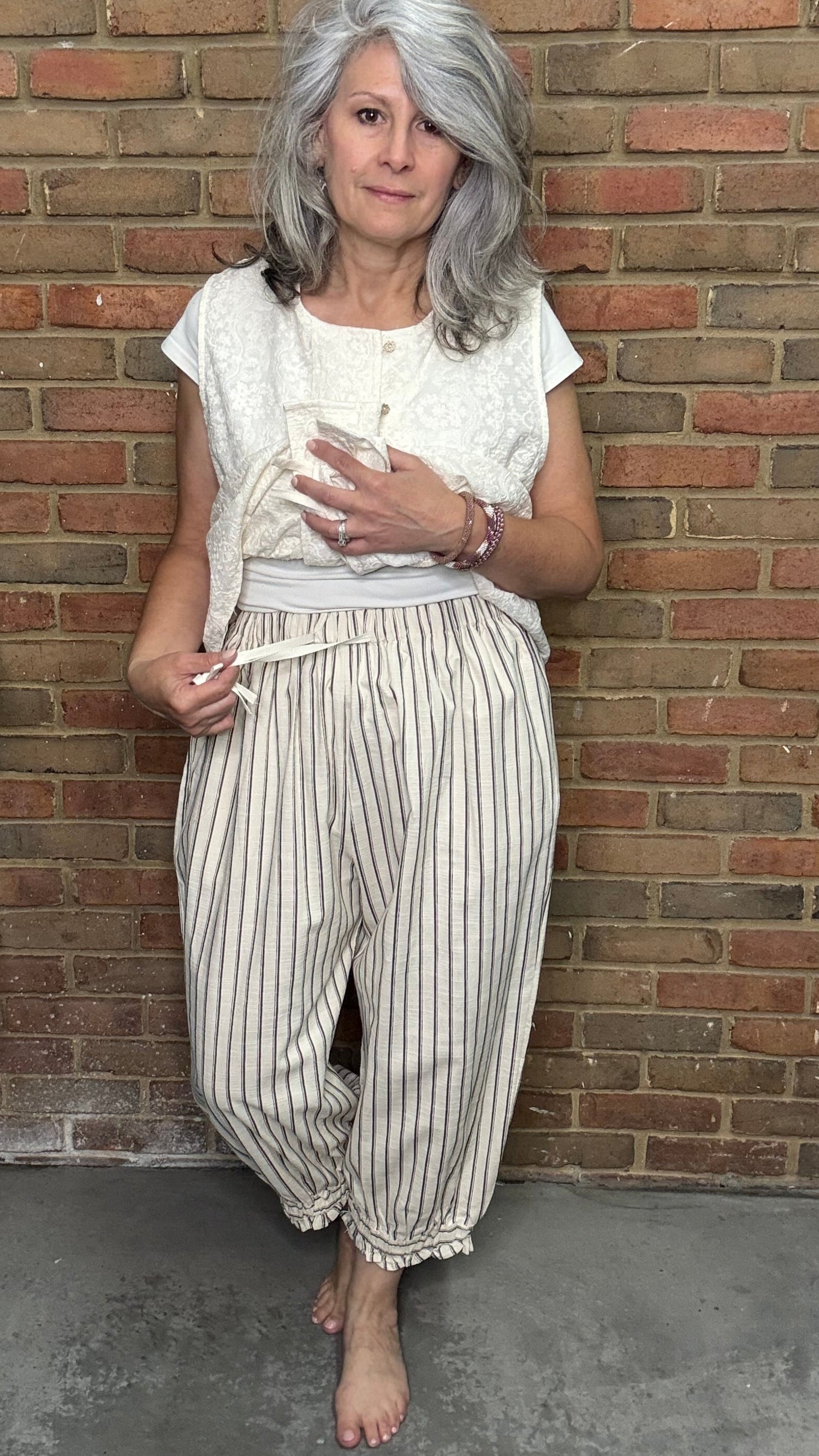Cotton-Linen Striped Lantern Pants