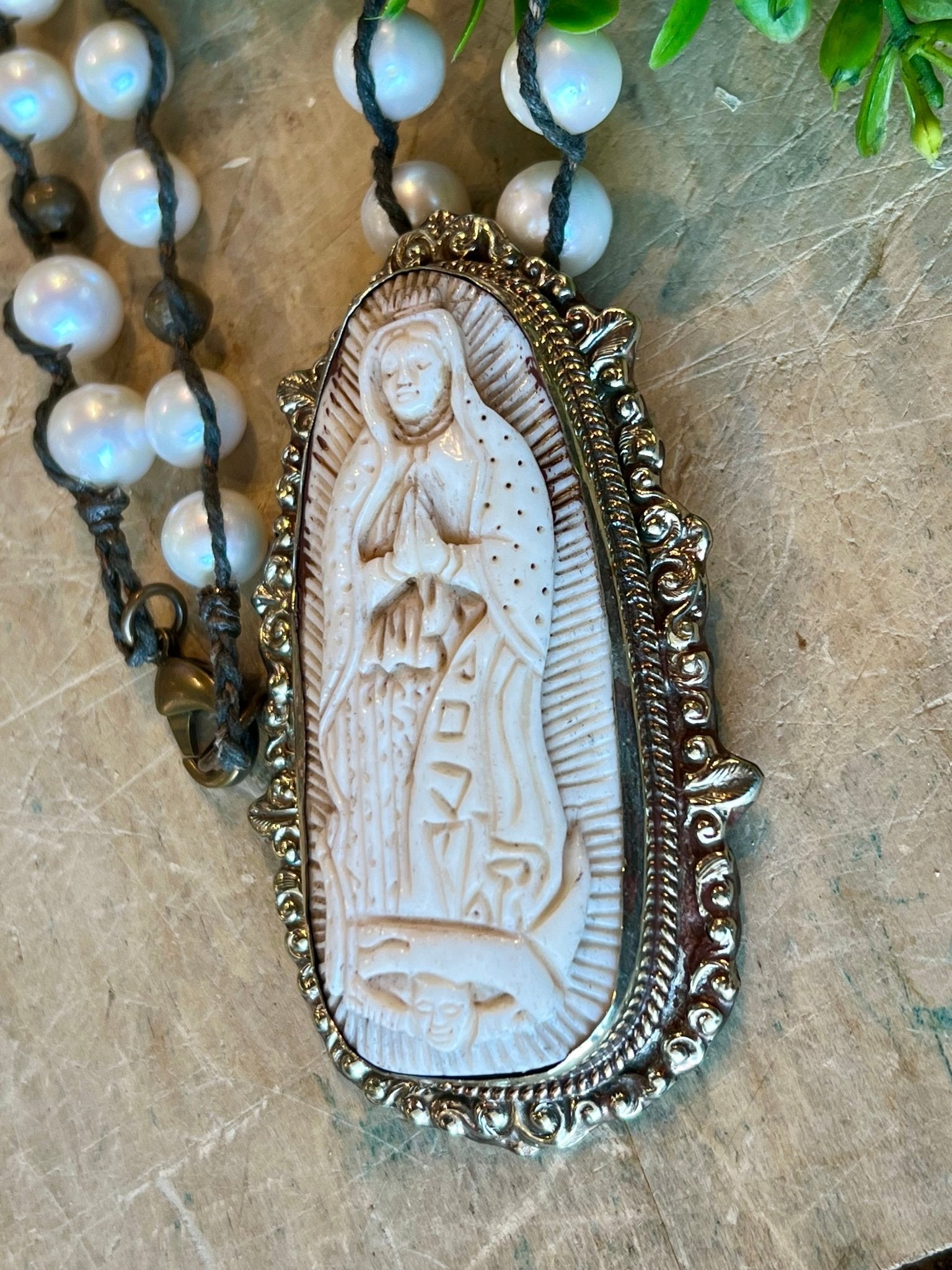 Bone Lady of Guadalupe Pearl Necklace - Vintage Vault Boutique