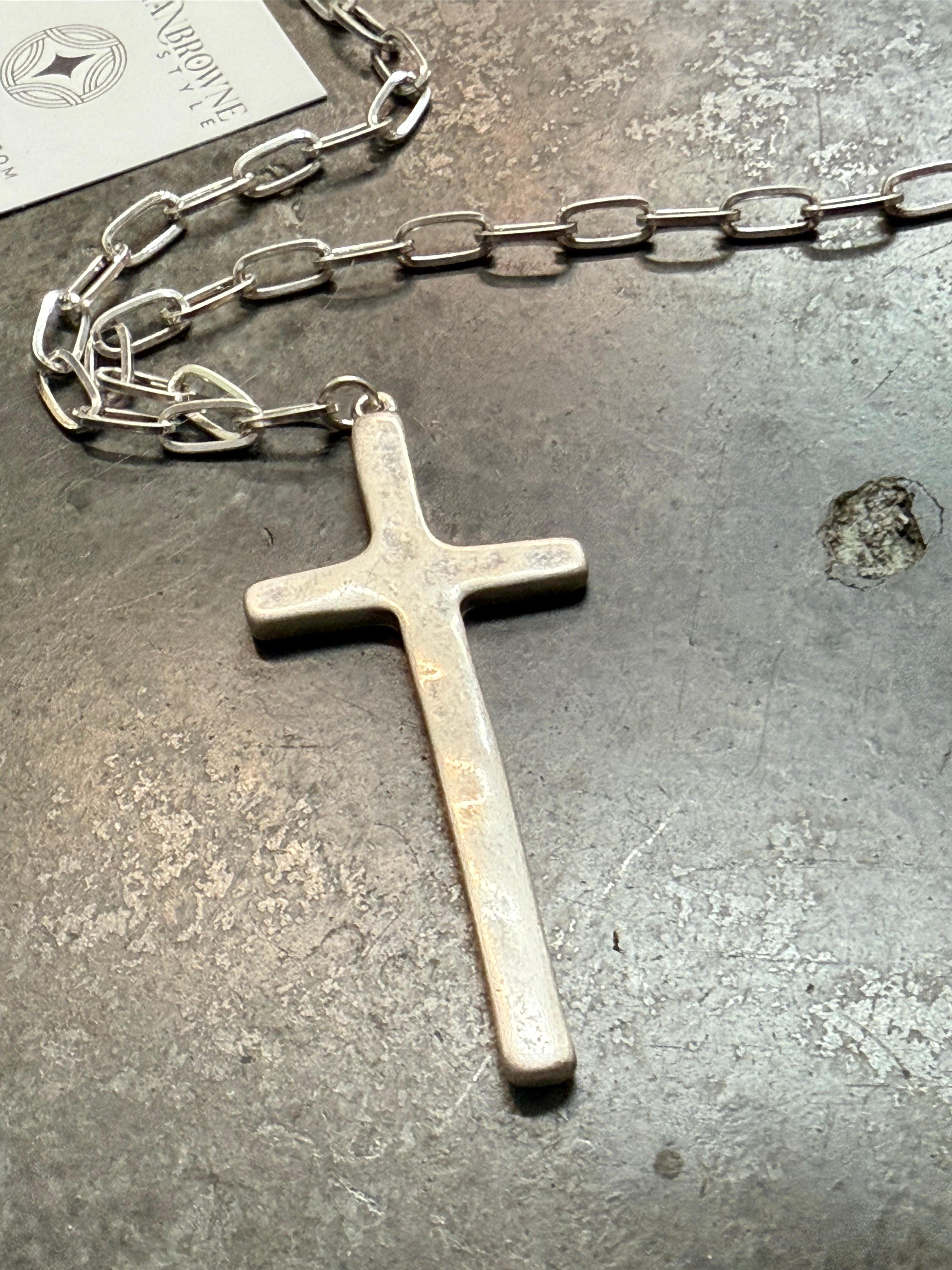 Long Silver Rugged Cross Necklace