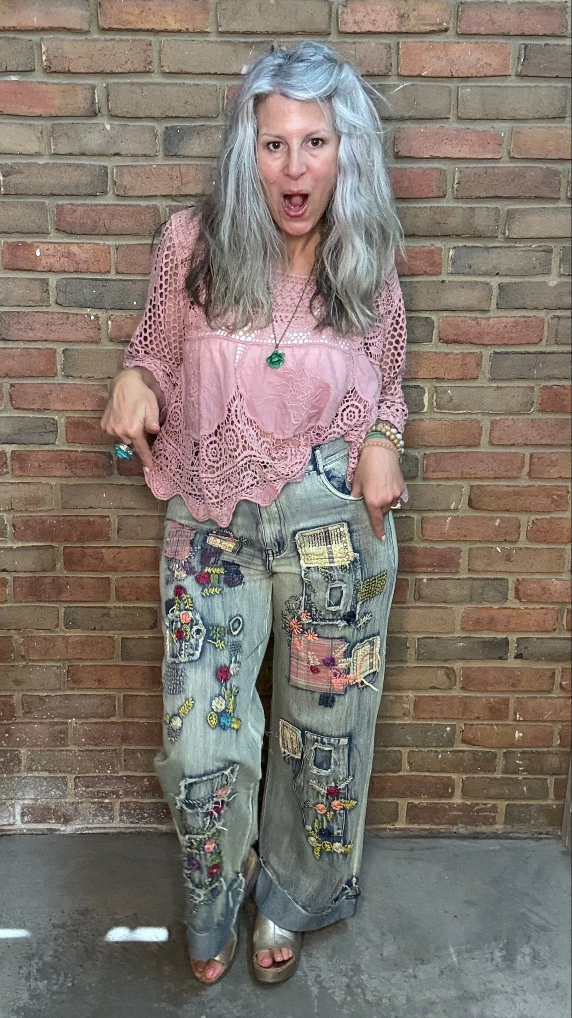 Embroidered Patchwork Denim Pants - Vintage Vault Boutique