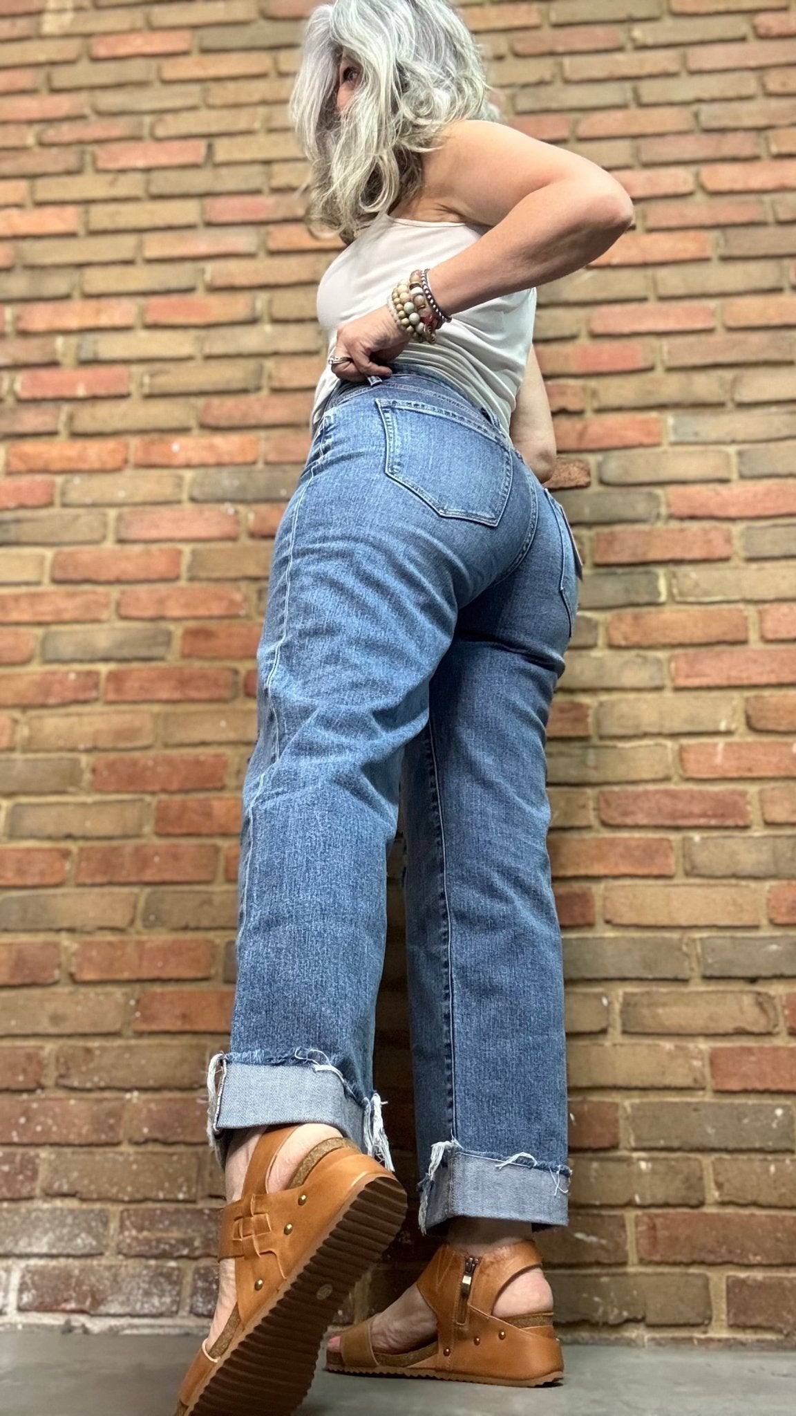 Mid Rise Cuffed Baggy Slim Wide Jean - Vintage Vault Boutique