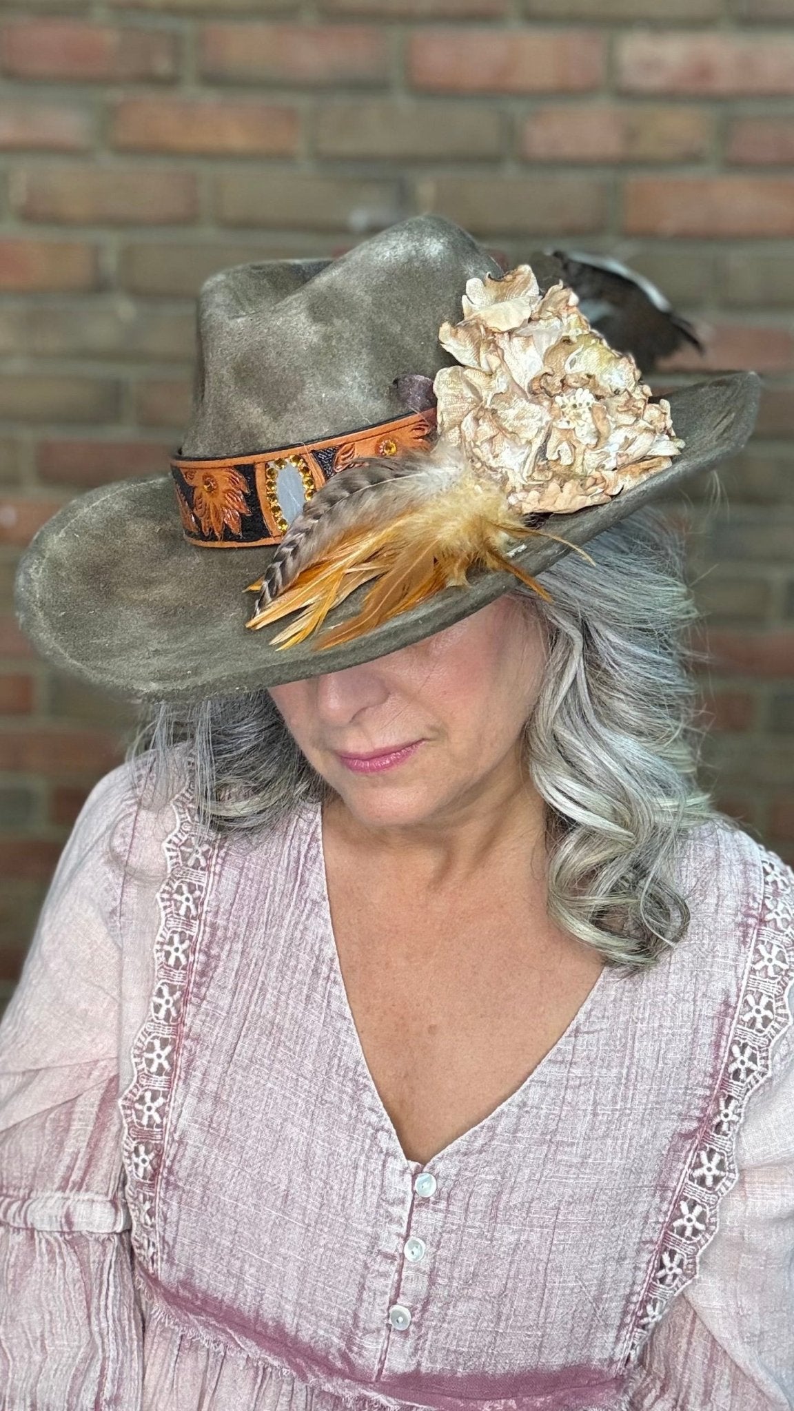 Brown Hat with Embossed Band - A Rare Bird - Vintage Vault Boutique