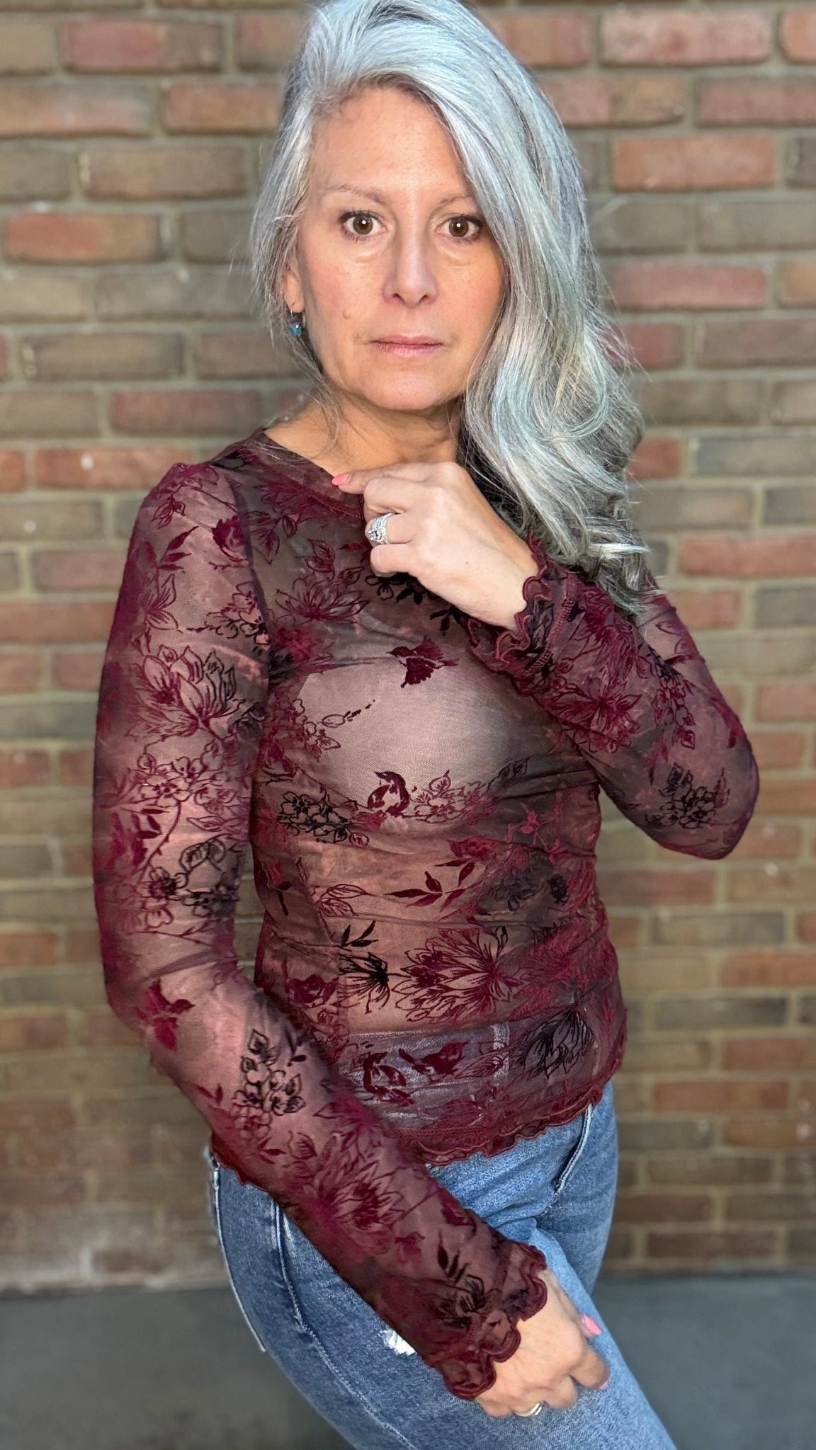 Wine Burn Out Floral Mesh Top - Vintage Vault Boutique