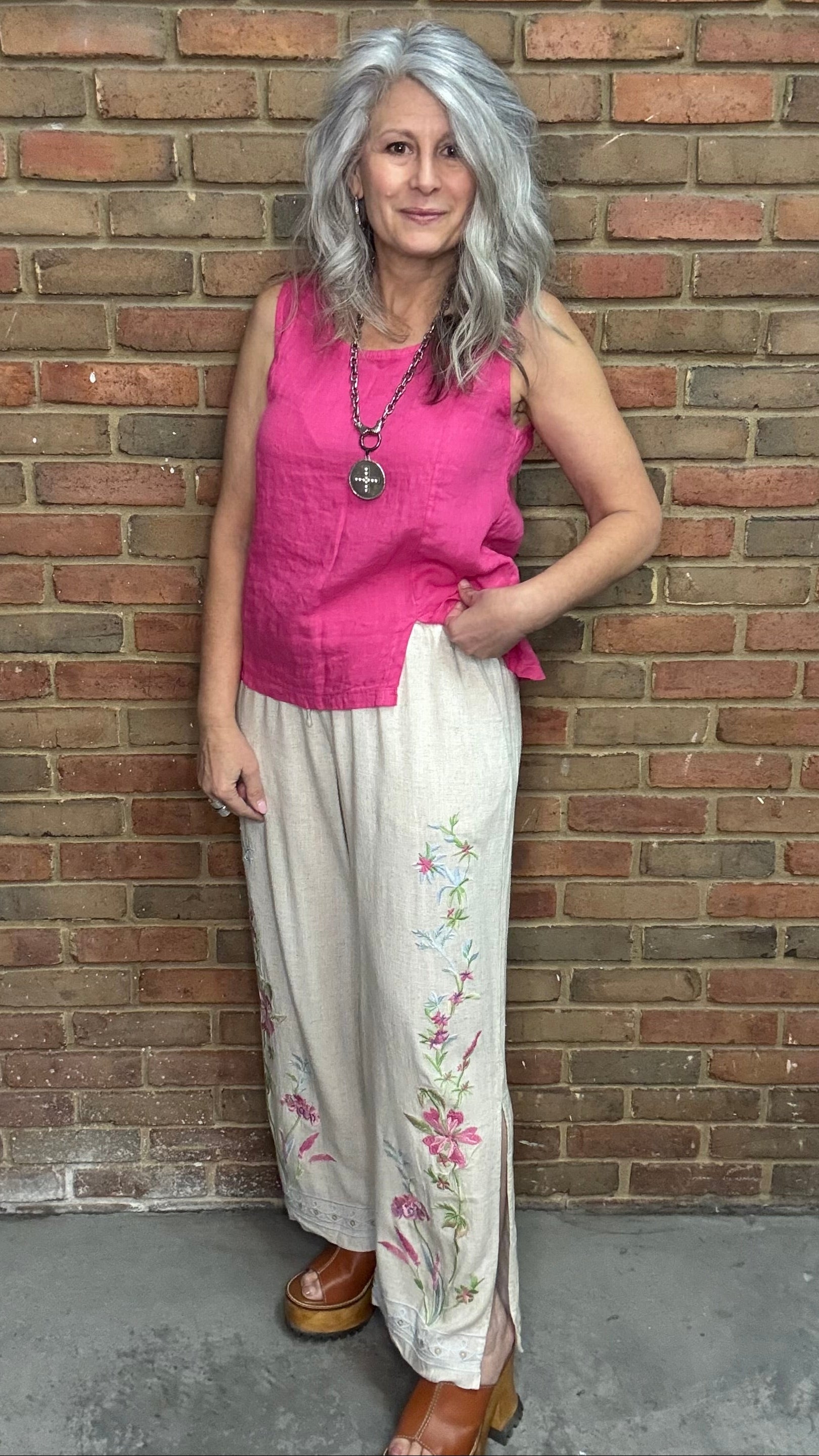 Linen Embroidery Split Leg Pant