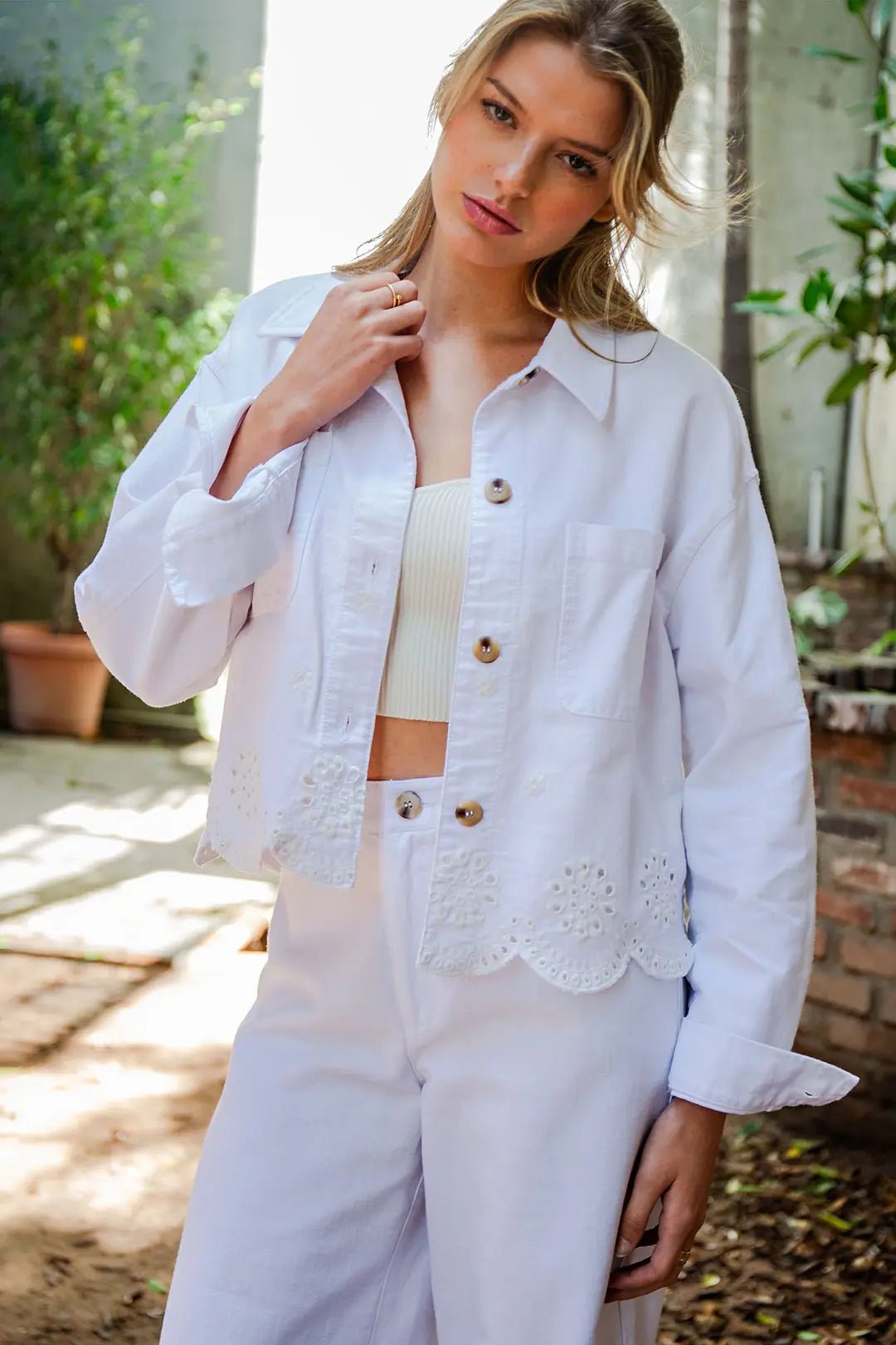 Button Down Eyelet Hem Jacket - Vintage Vault Boutique