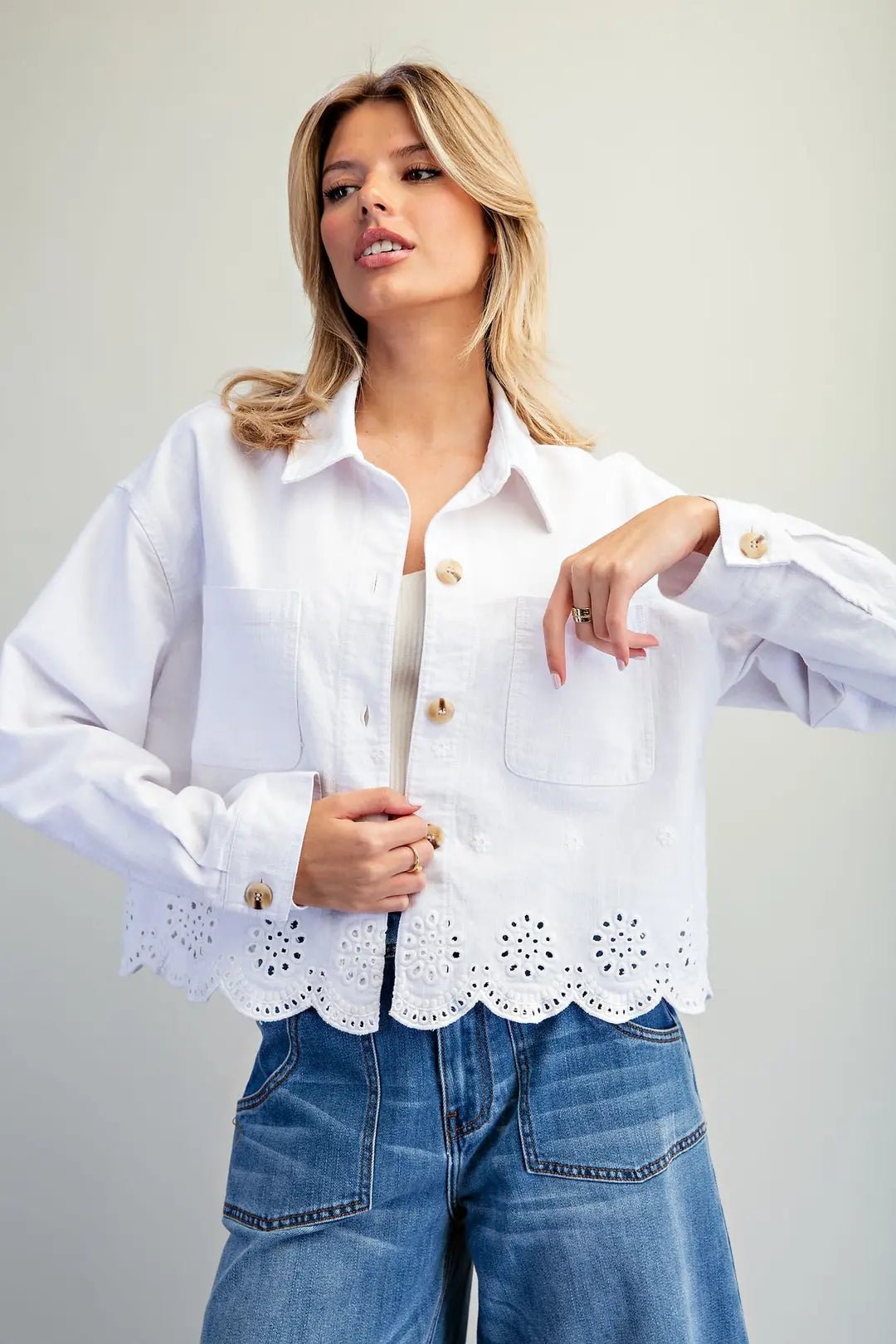 Button Down Eyelet Hem Jacket - Vintage Vault Boutique