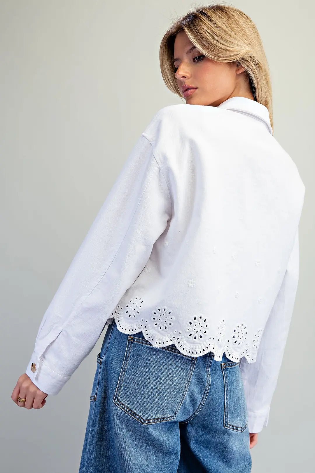 Button Down Eyelet Hem Jacket - Vintage Vault Boutique