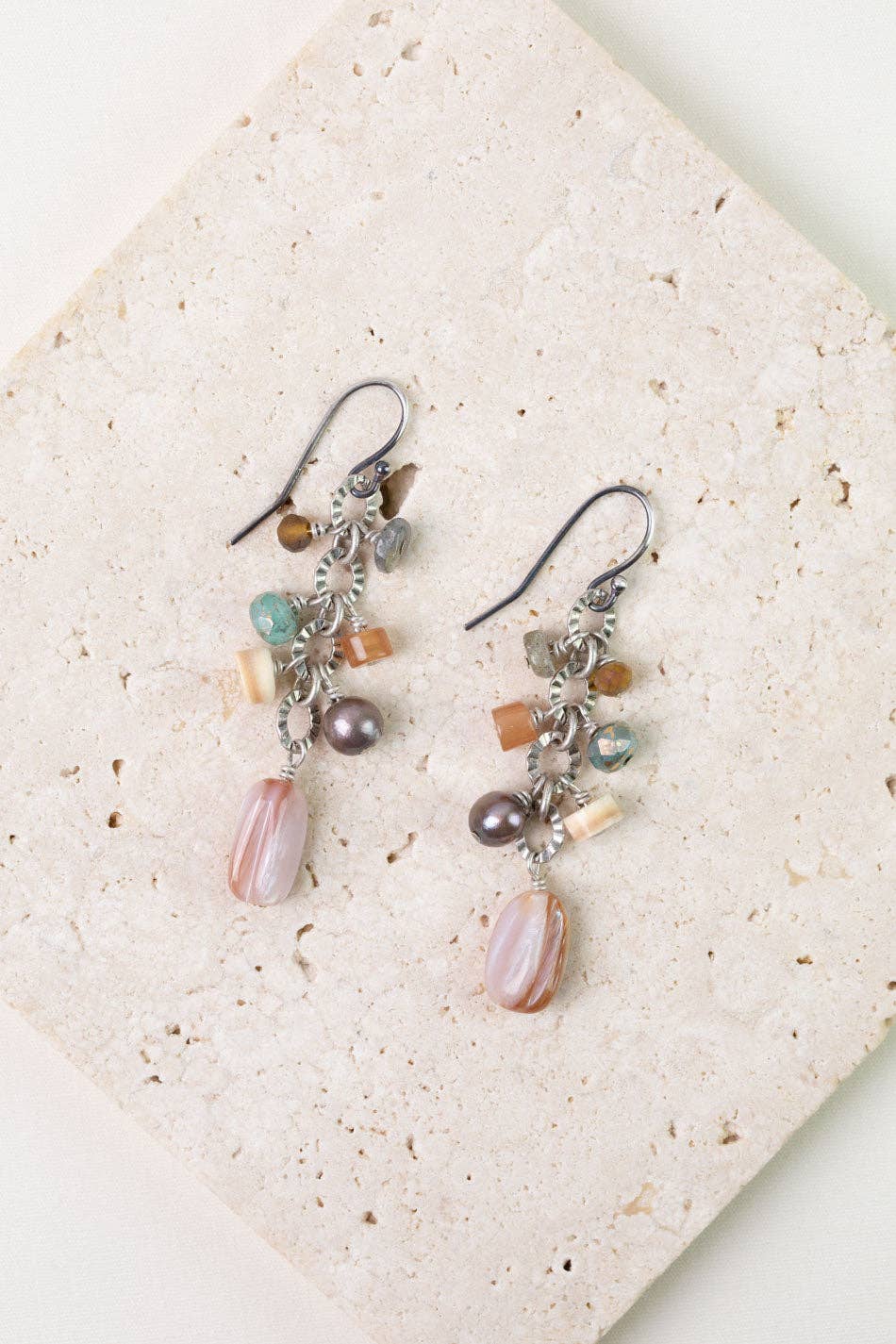 Namaste Czech Glass, Pink Abalone, Freshwater Pearl Cluster Earrings E021 - Vintage Vault Boutique