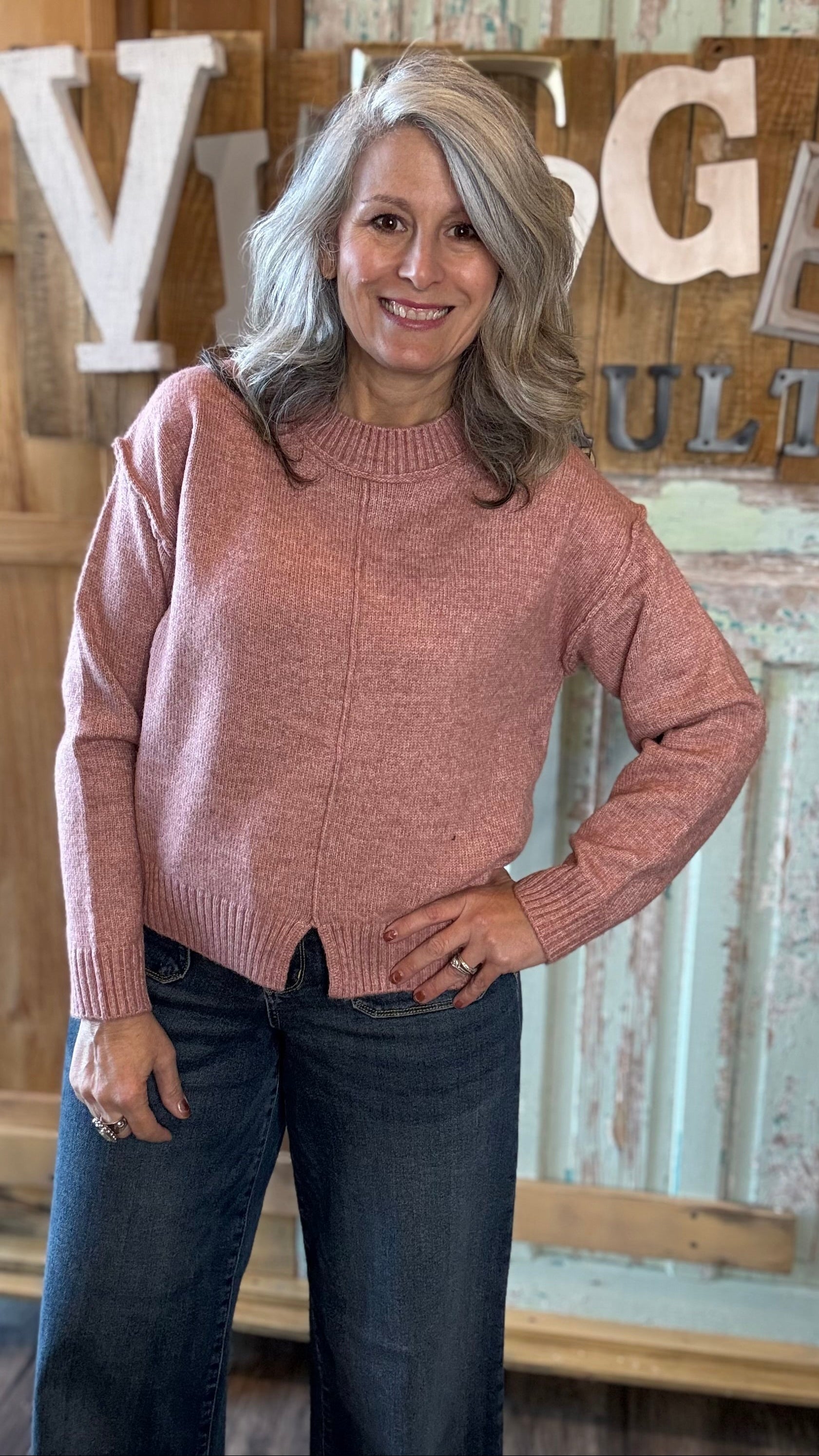 Front Bottom Slit Crew Neck Sweater