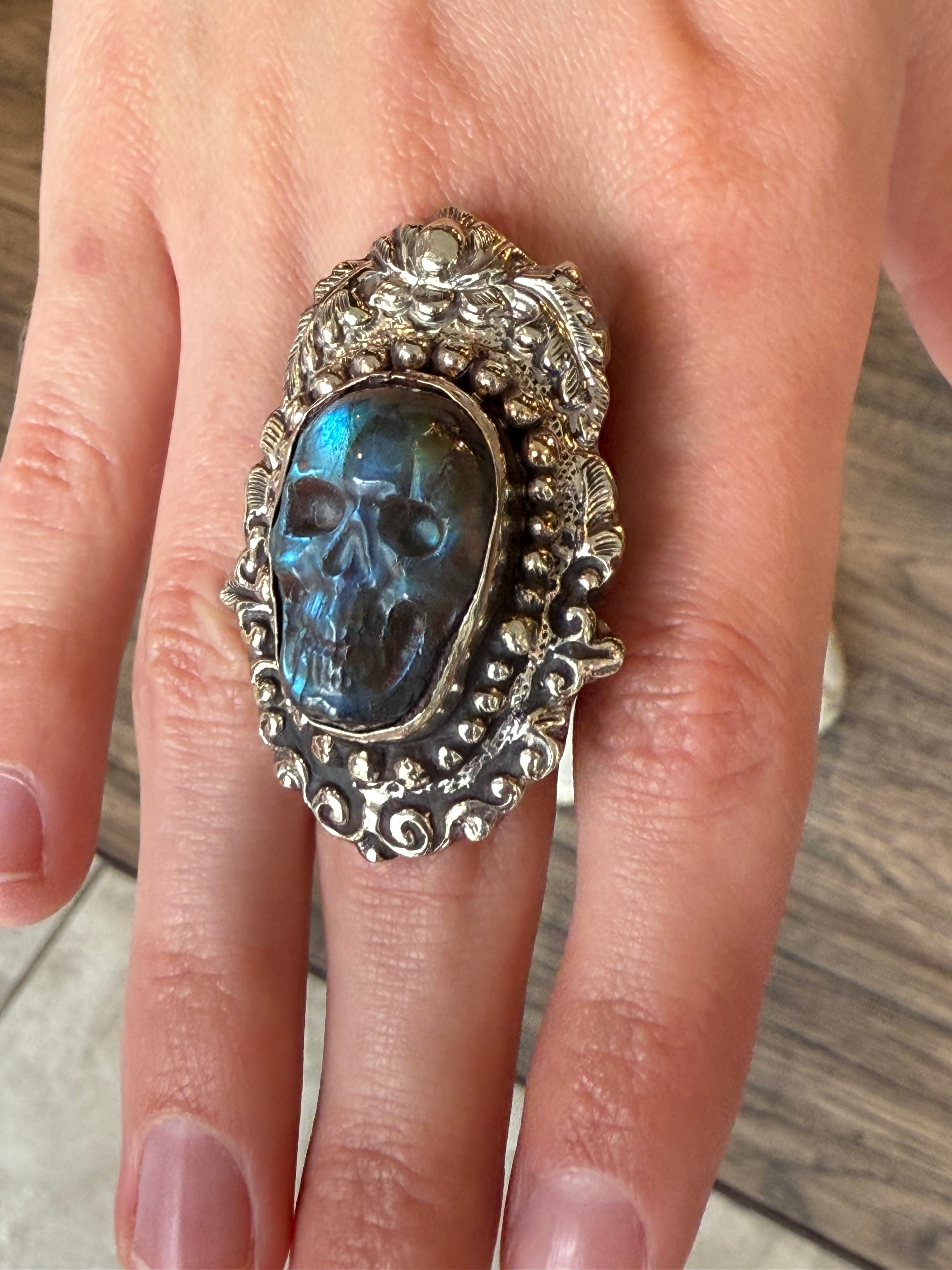 Small Labradorite Skull Ring