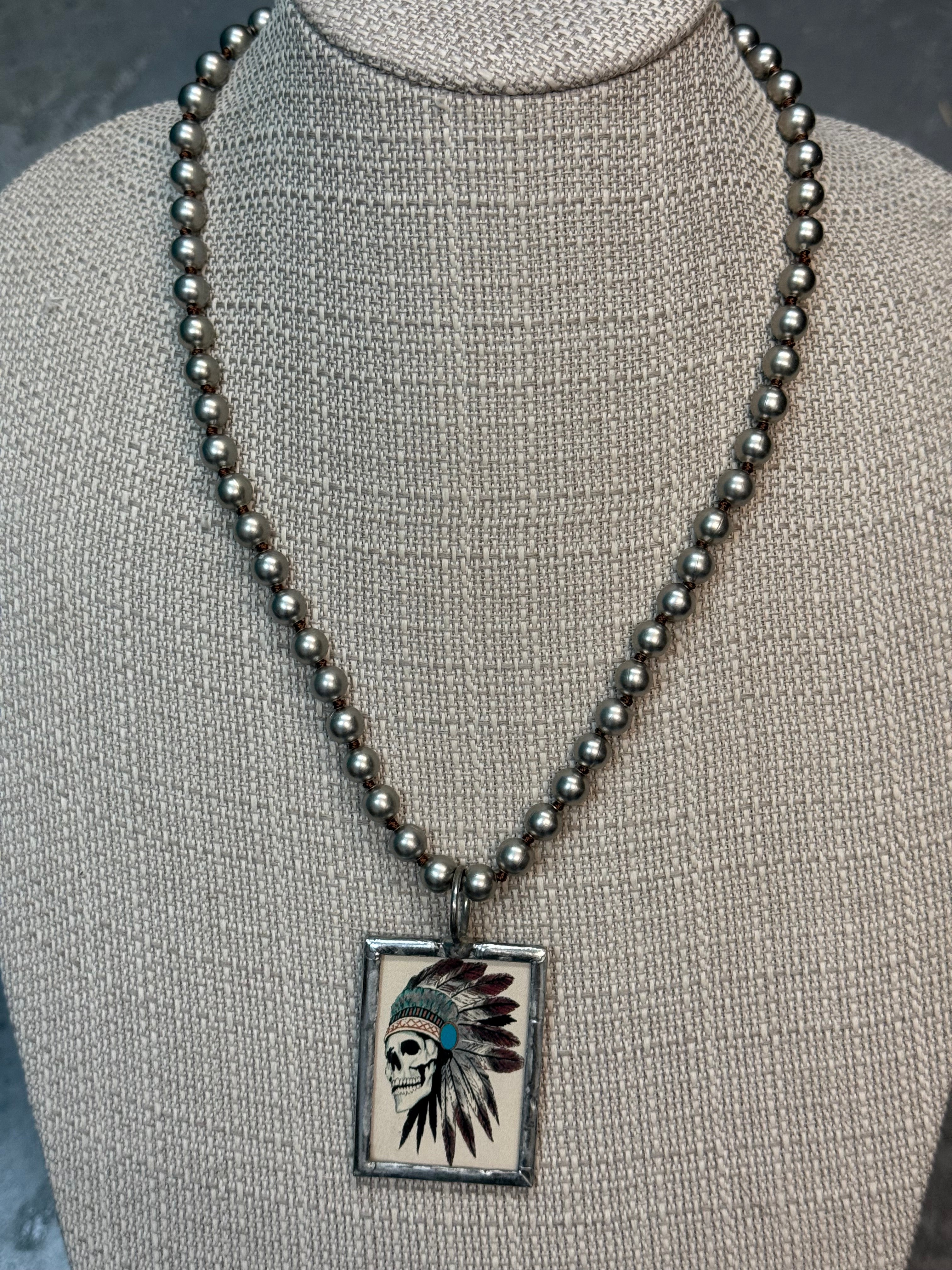 Skull in Headdress on Desert Pearl Neckace