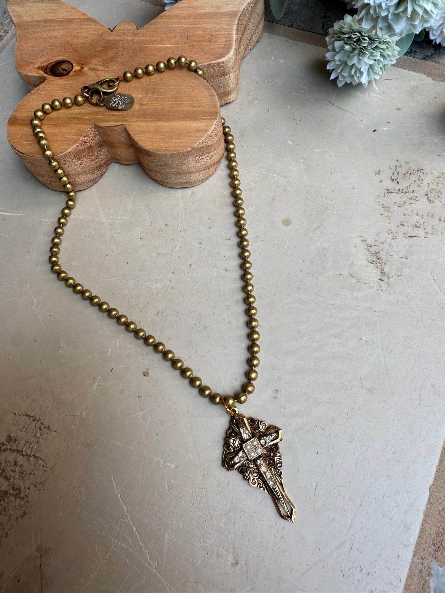 EKD Gold Pearl & Crystal Cross Necklace