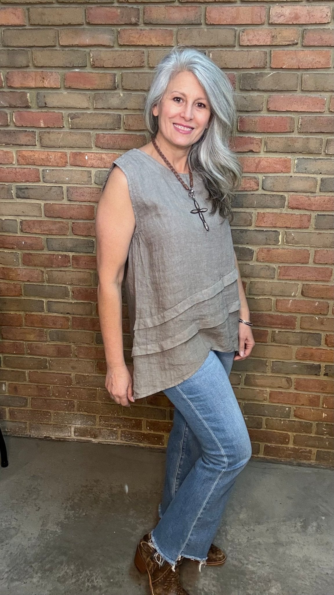 Taupe Linen Tank with Tucks - Vintage Vault Boutique