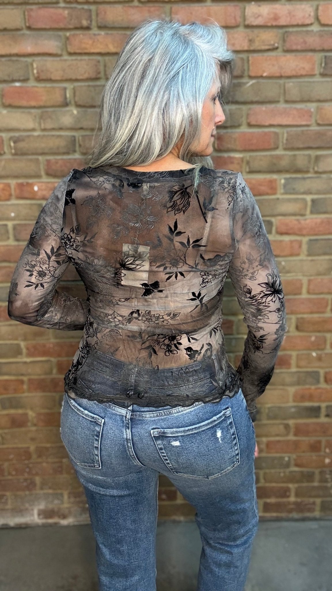 Grey Burn Out Floral Mesh Top - Vintage Vault Boutique