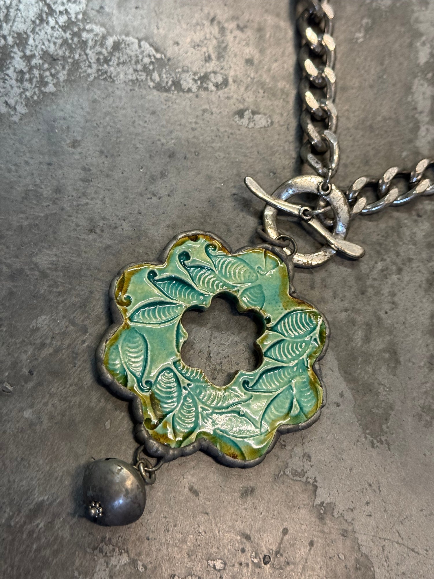 Teal Embossed Flower Necklace