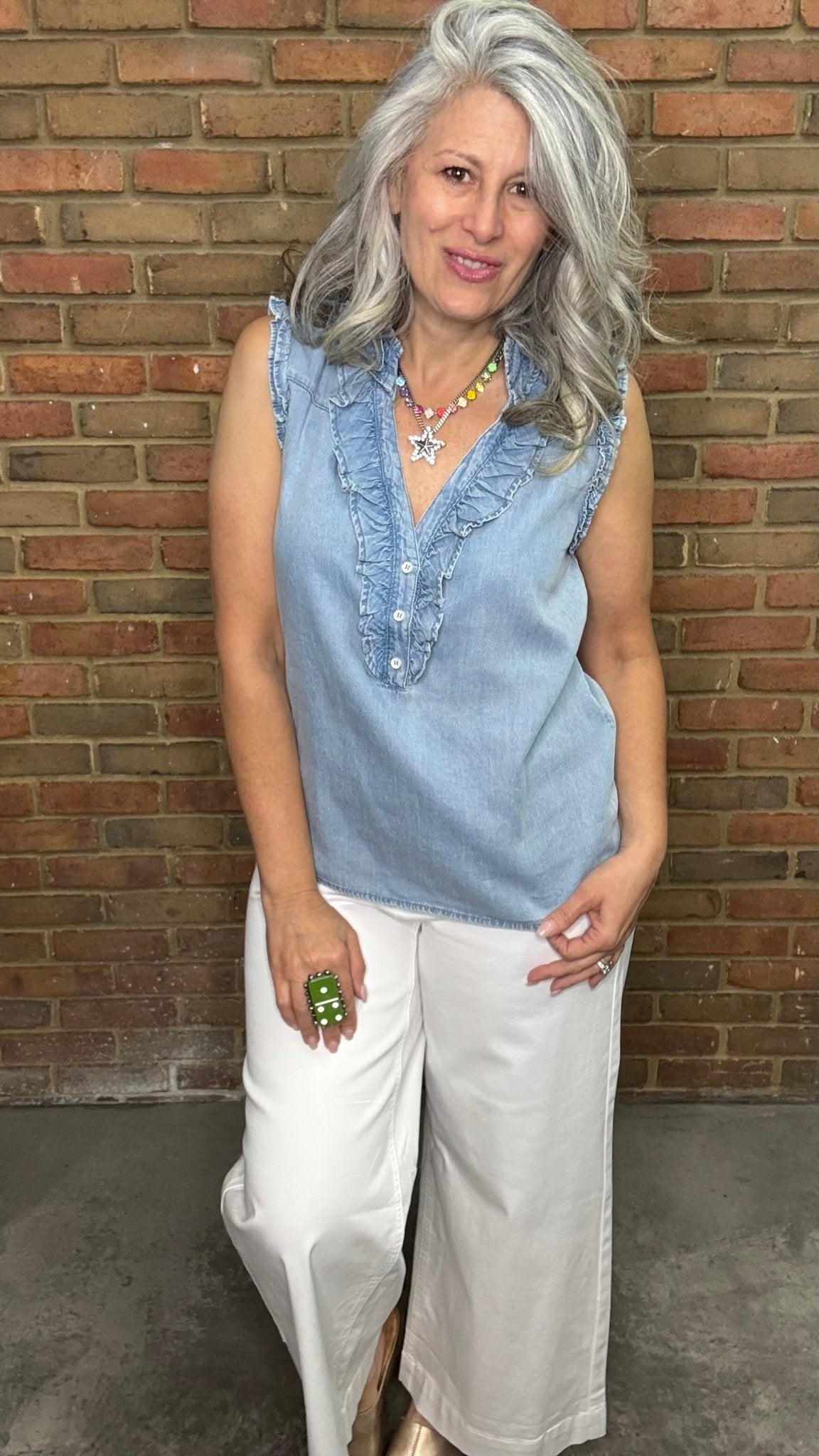 Ruffle Sleeveless V - Neck Top - Vintage Vault Boutique