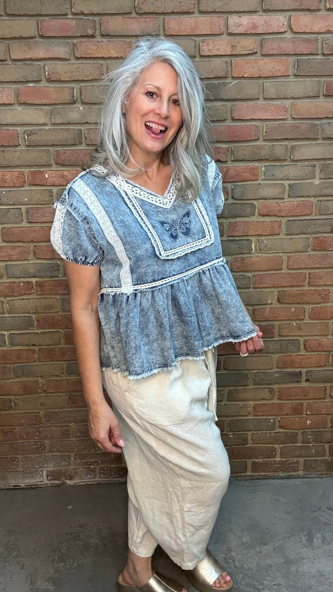 Denim Butterfly Baby Doll Top - Vintage Vault Boutique