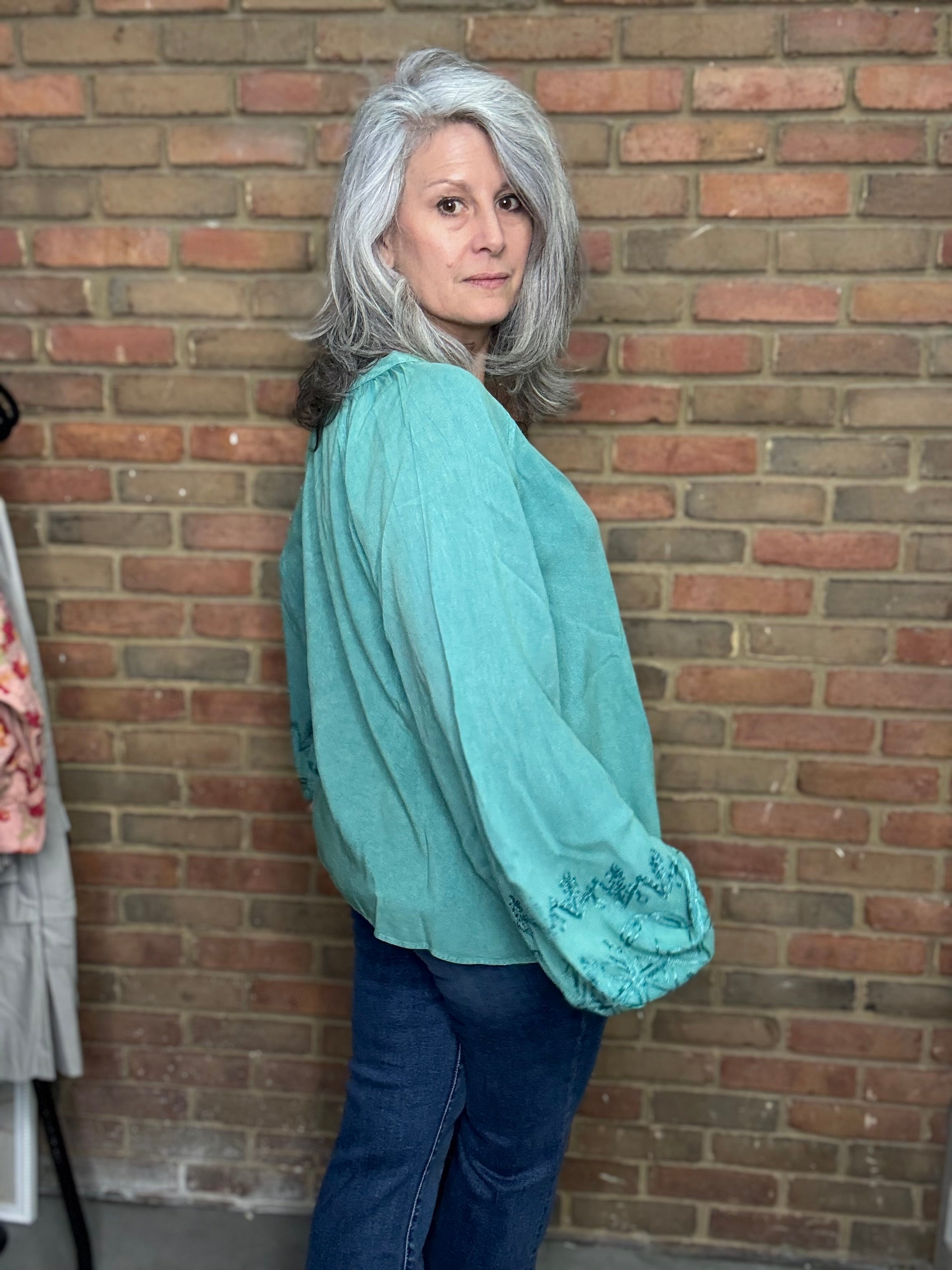 Split Neck Long Sleeve Top