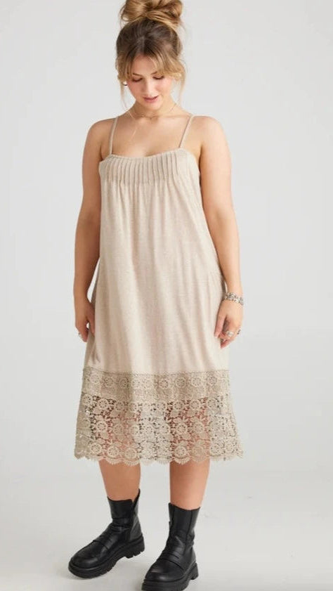 Front view of Marisol Lace Edged Dress/Slip on a model.