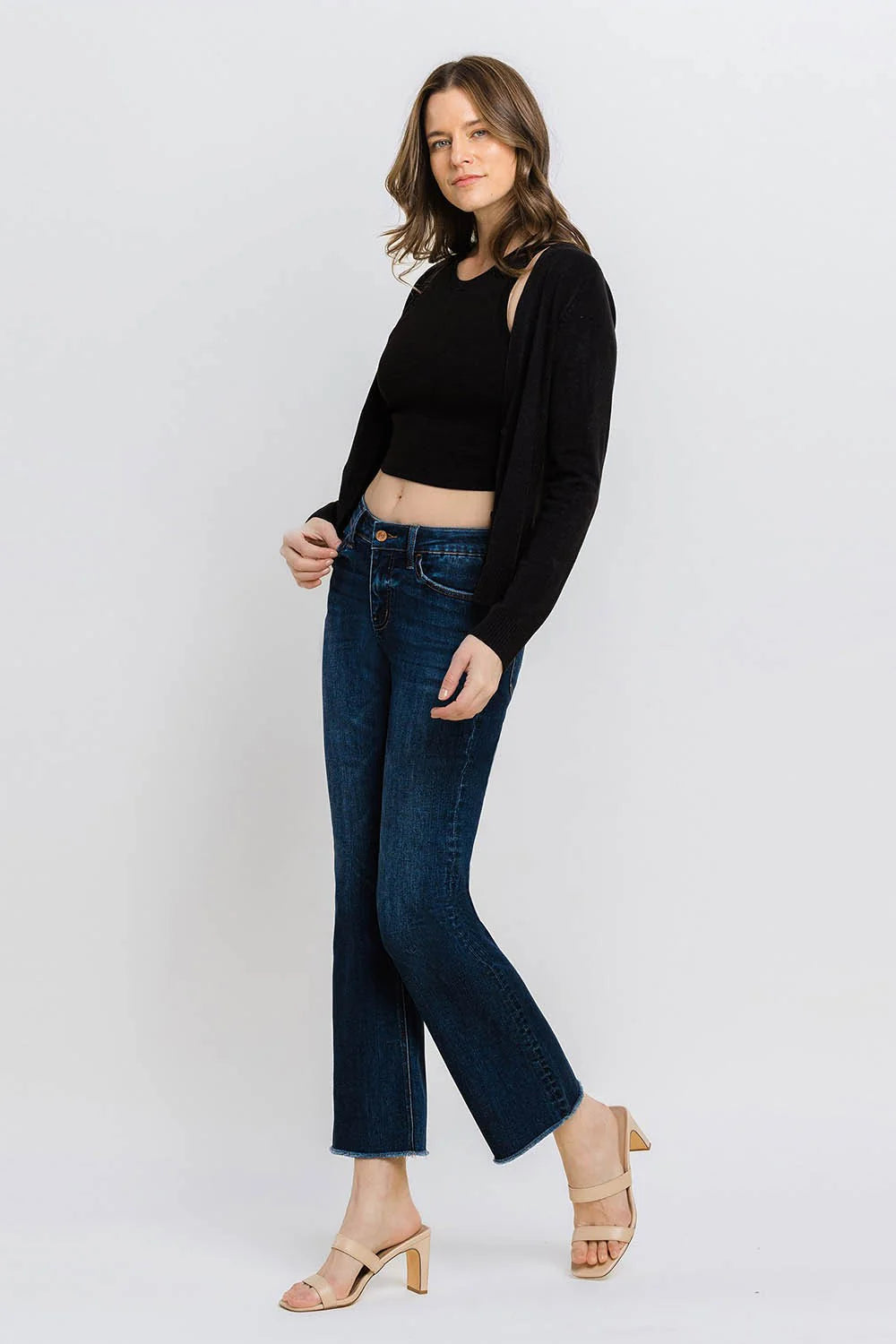 Mid Rise Raw Hem Kick Flare