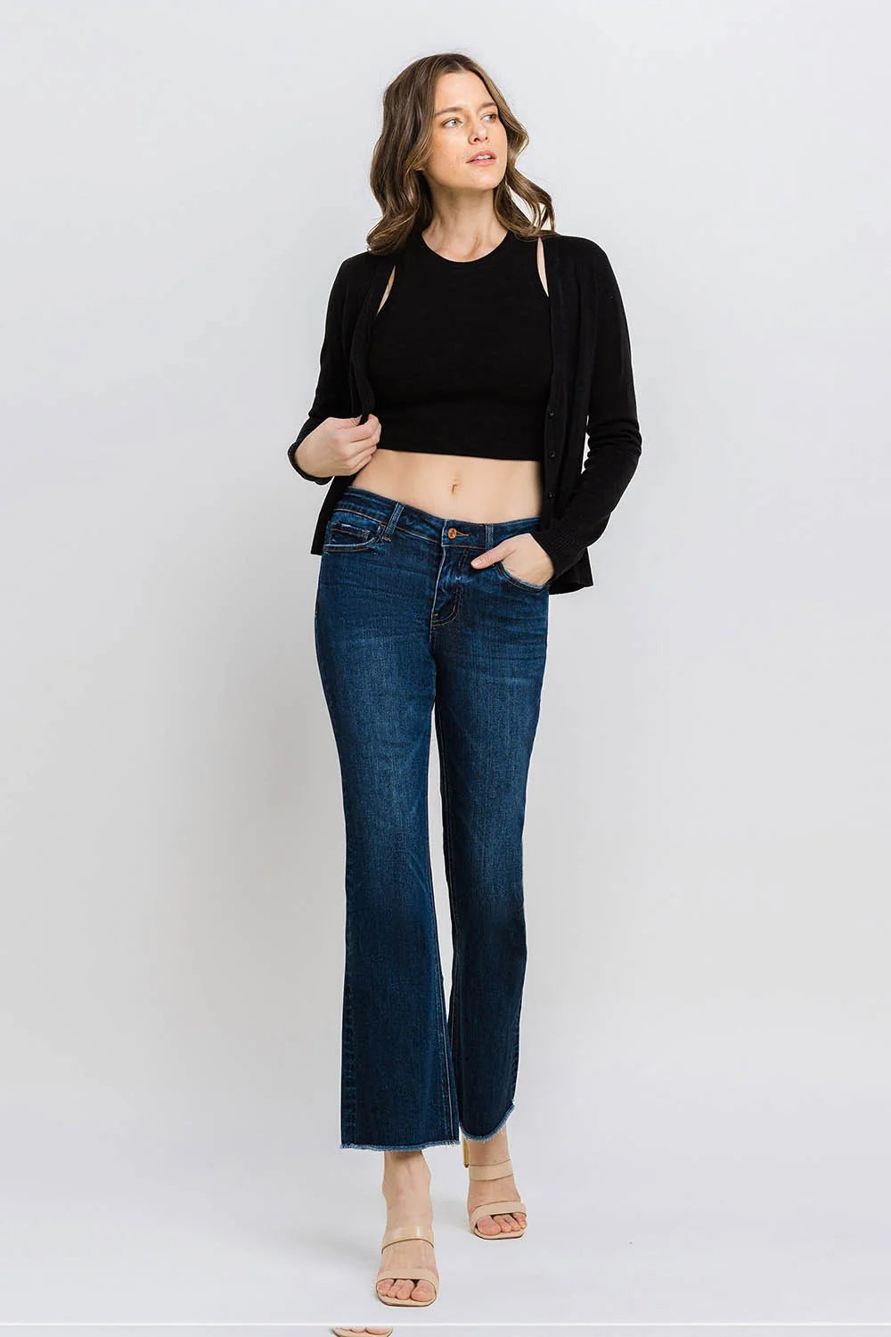 Mid Rise Raw Hem Kick Flare