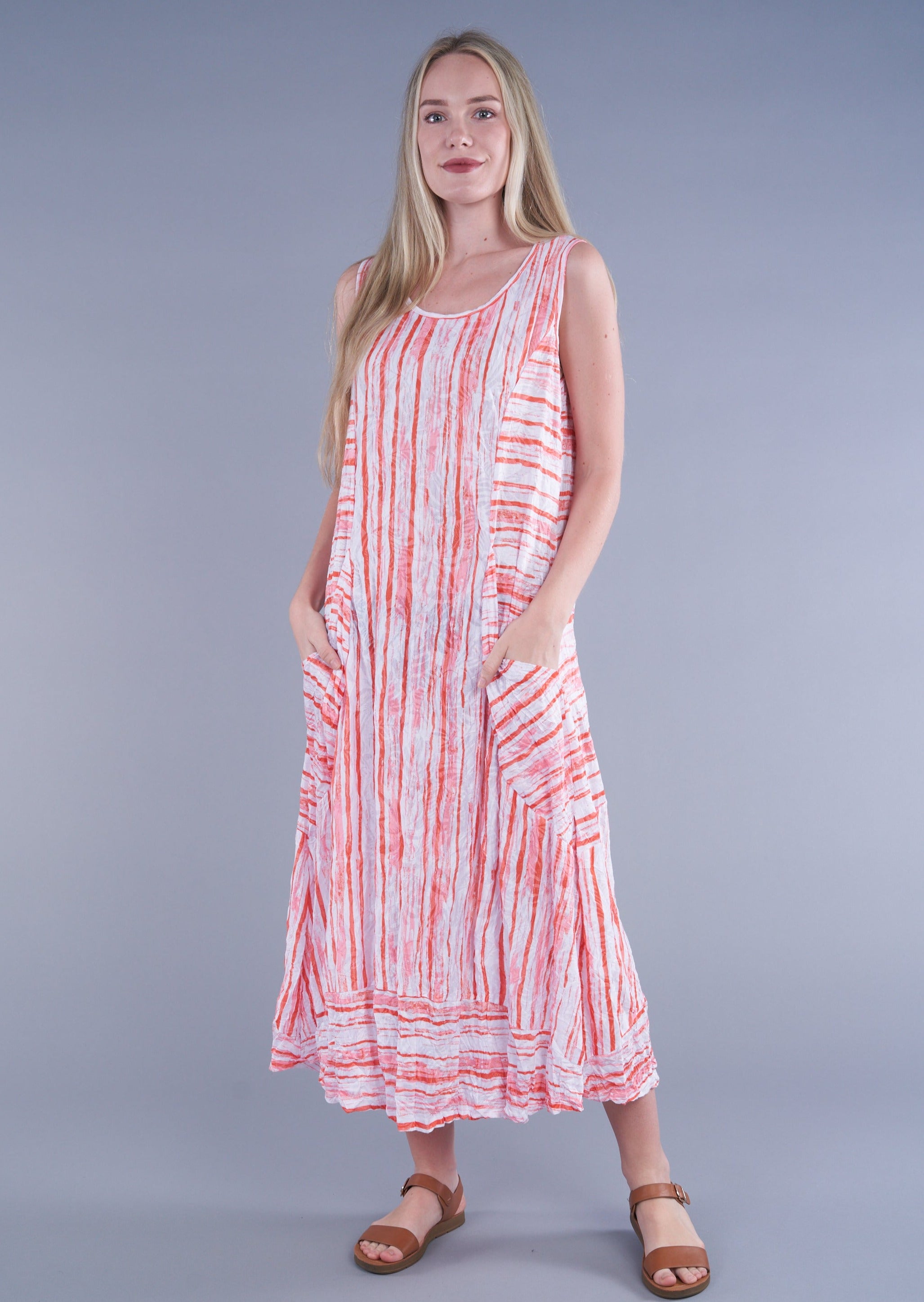 Coral Stripe Slvlss Crinkle Dress