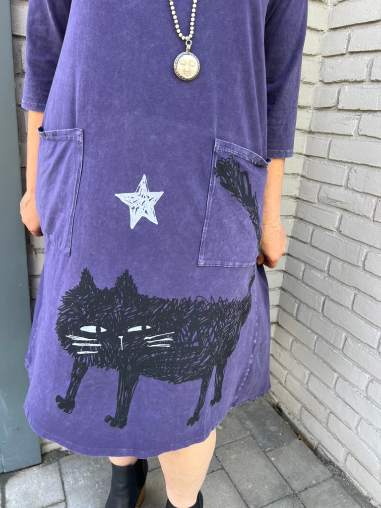 Three Quarter Sleeve Two Pocket Dress with Cat XS