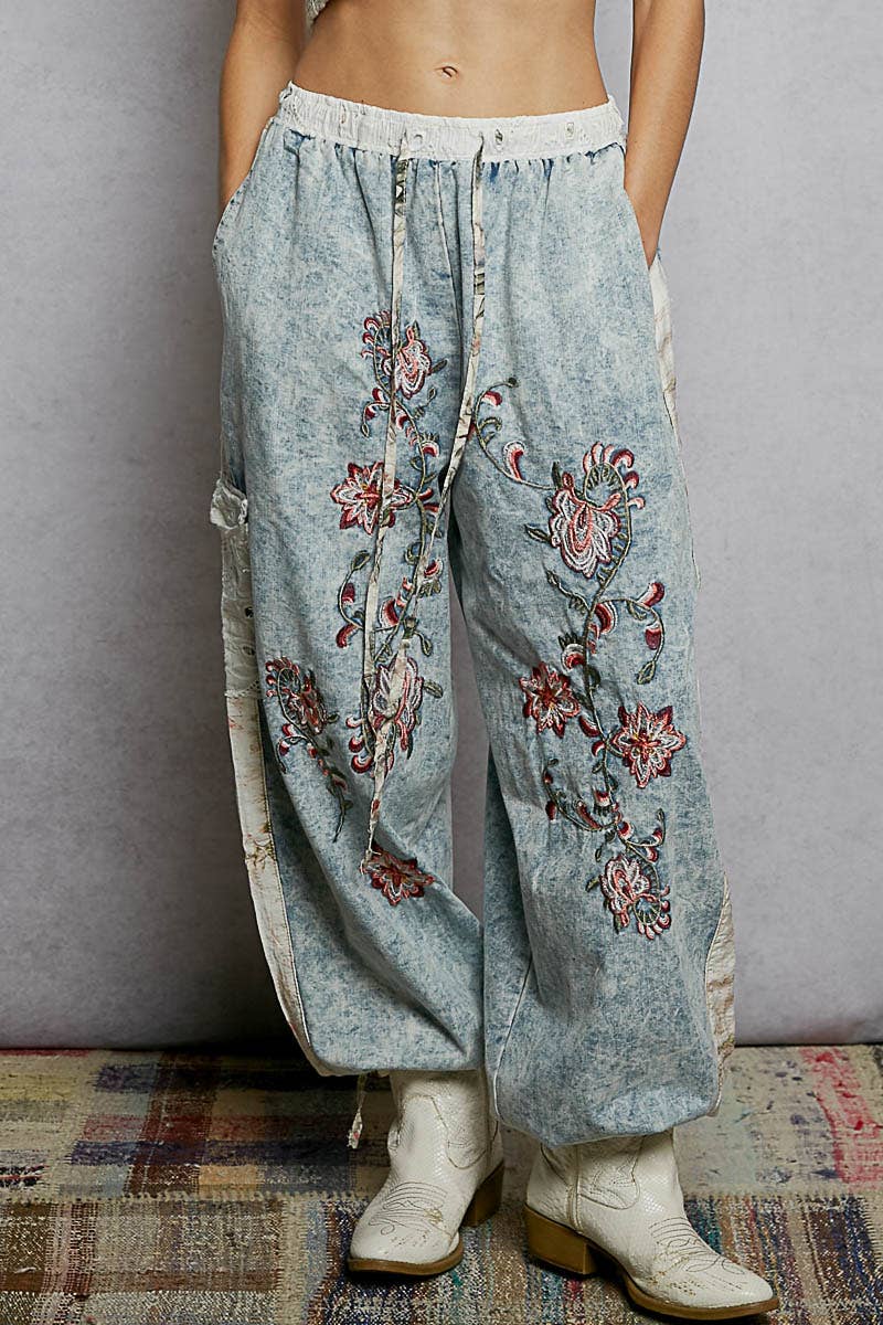 Embroidery Patch Denim Joggers - Vintage Vault Boutique