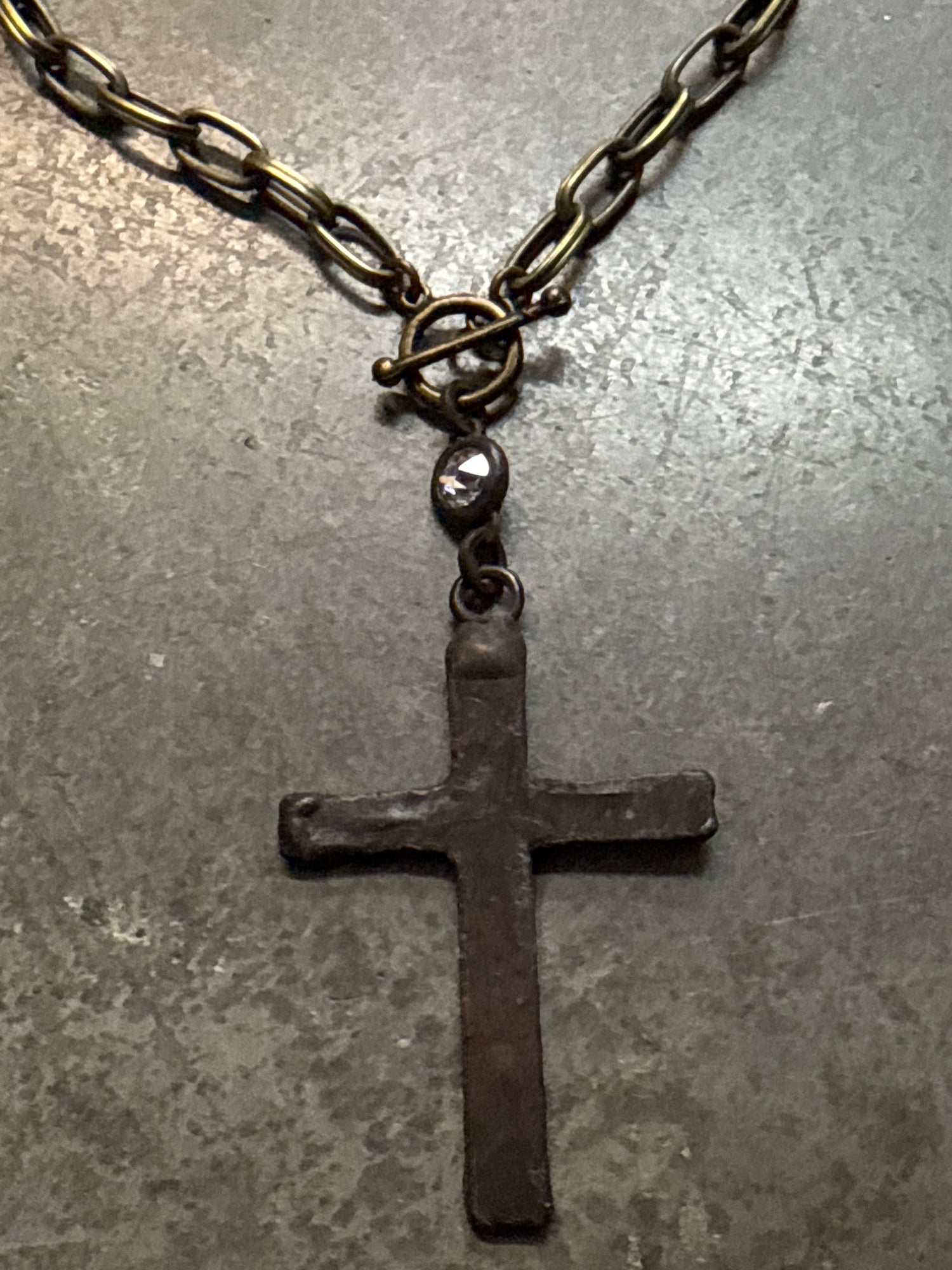Rustic Iron Cross on Brass Chain with Front Toggle Necklace