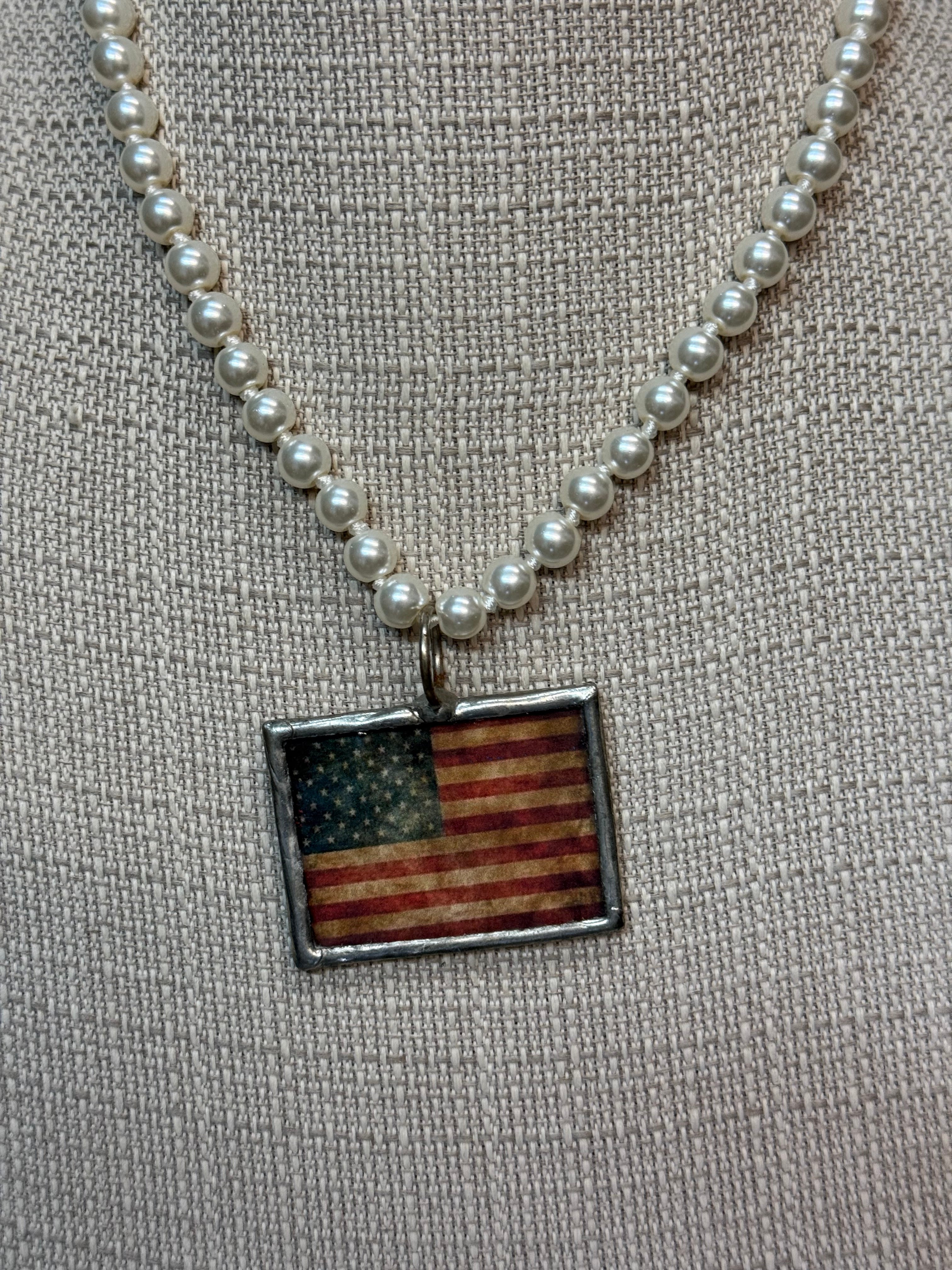 Flag on Long Pearl Necklace