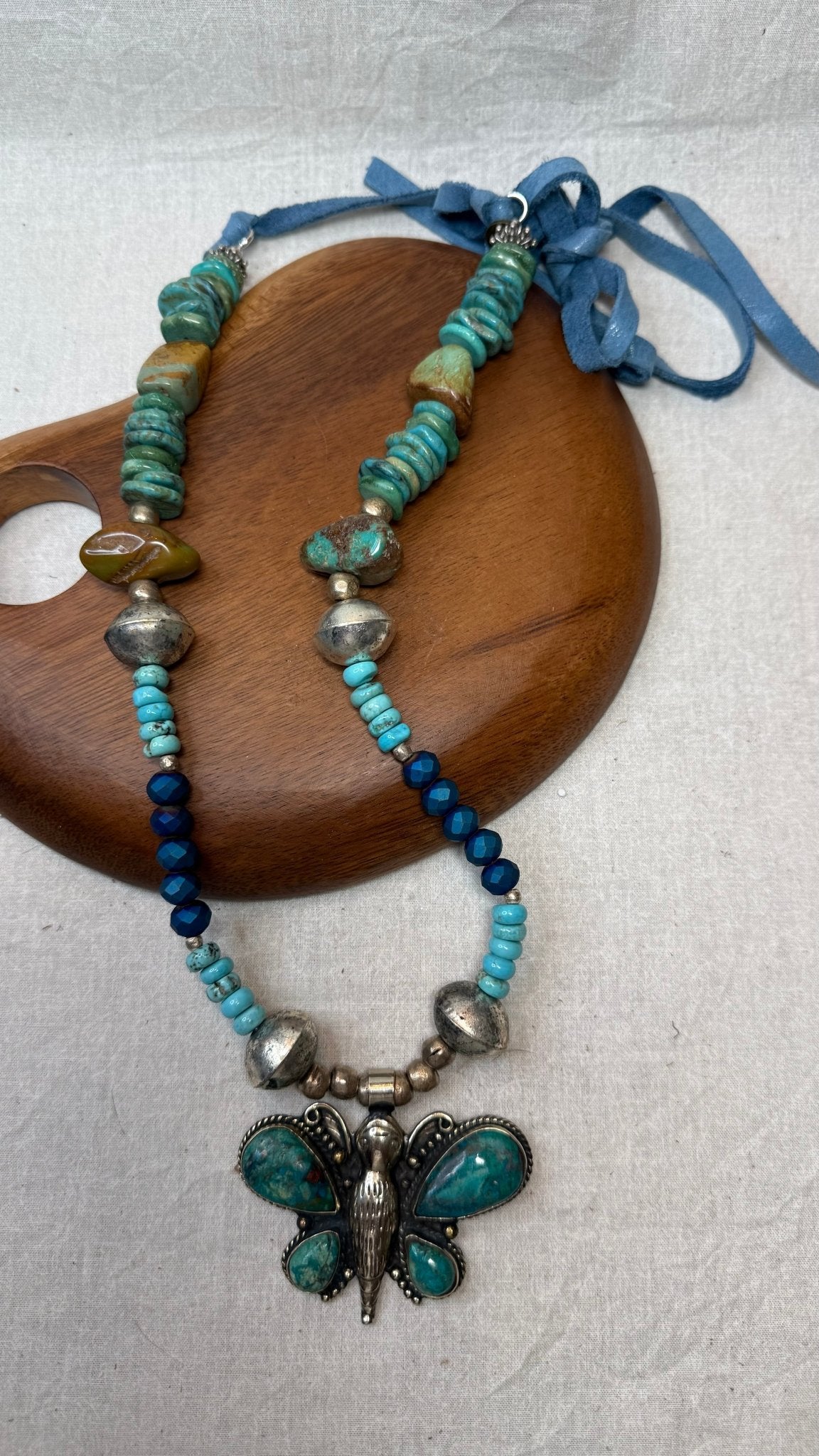 Turquoise Butterfly on Mixed Beaded Necklace - Vintage Vault Boutique