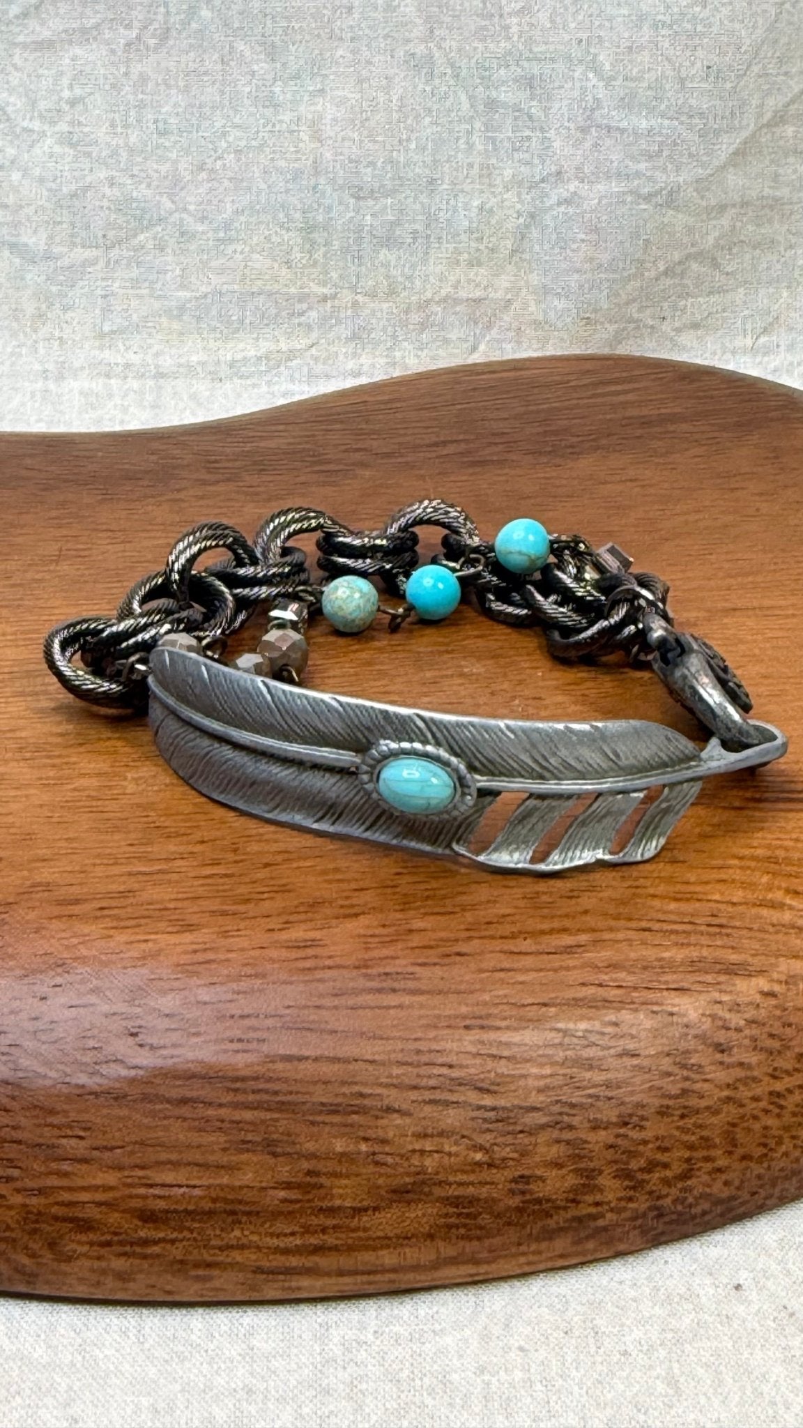 Gunmetal Feather with Double Strand Bracelet - Vintage Vault Boutique