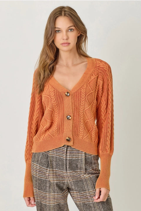 Washed Cable Knit Cardigan - Burnt Orange