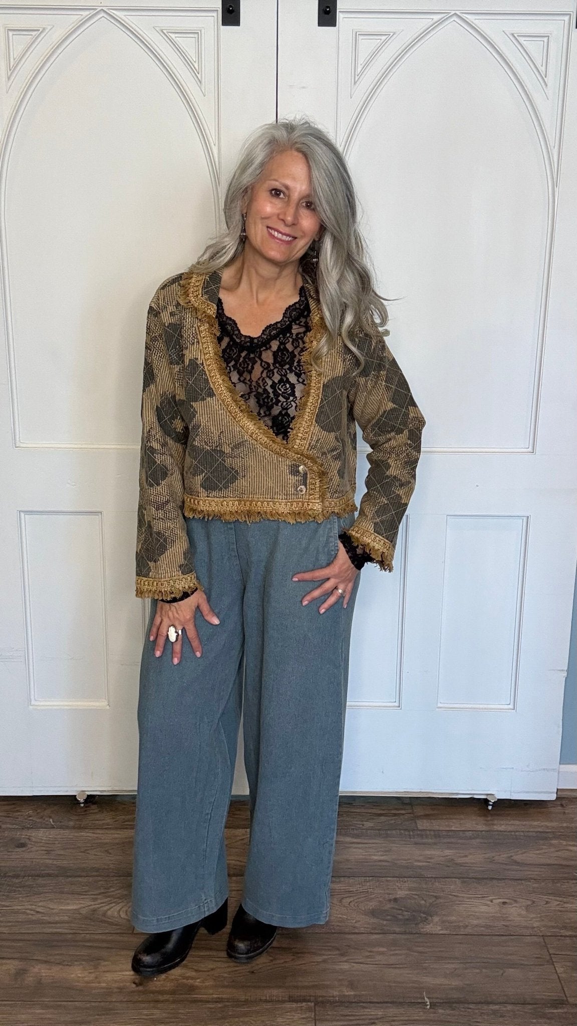 Short Mustard Print Fringe Jacket - Vintage Vault Boutique