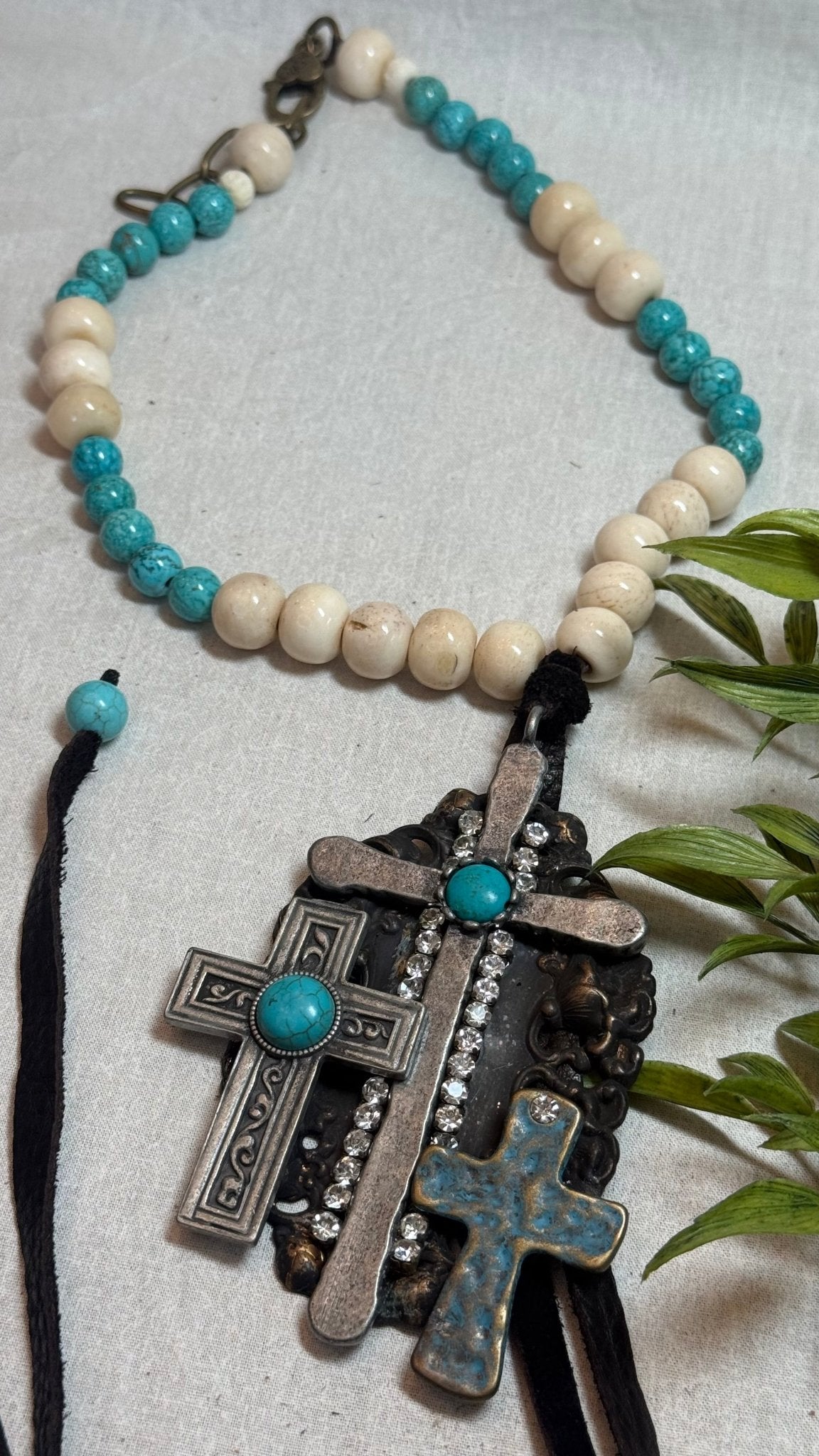 Triple cross on beaded necklace - Vintage Vault Boutique